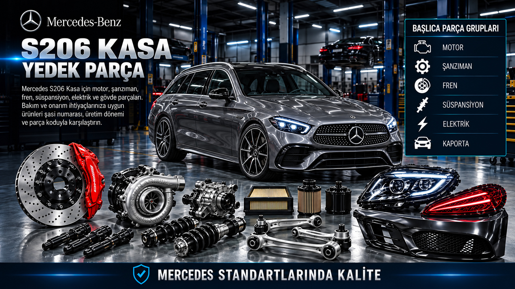 Mercedes S206 C Serisi station wagon motor, fren, süspansiyon ve bagaj parçaları