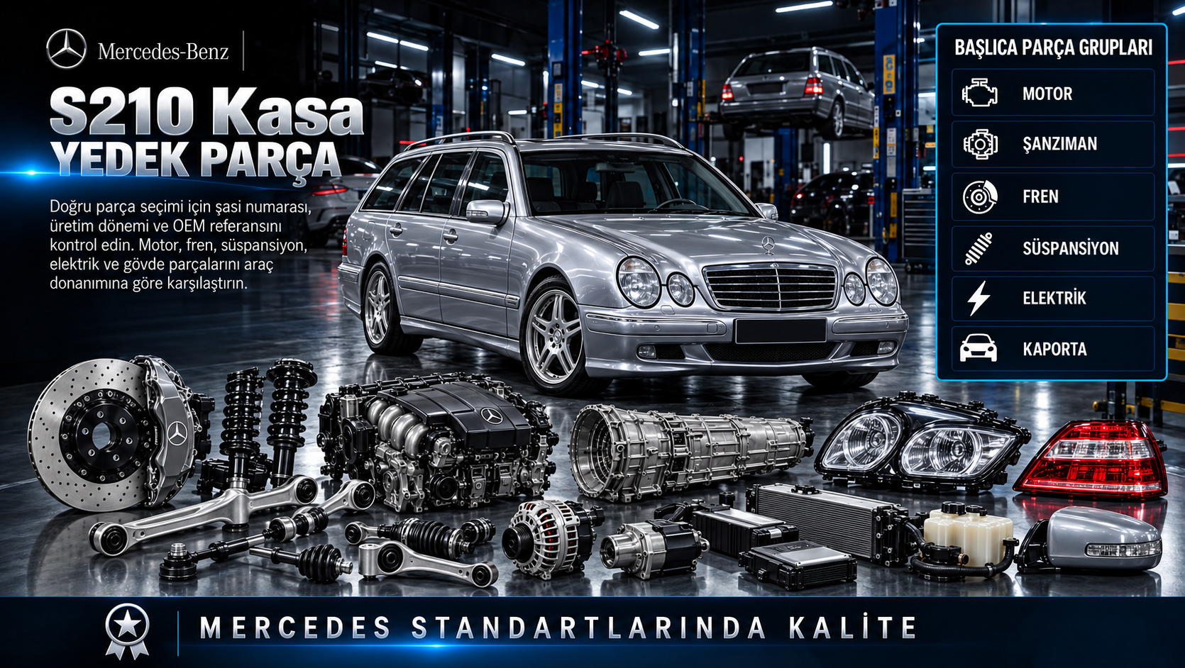 Mercedes S210 Kasa Yedek Parça: motor, aktarma, fren, süspansiyon ve gövde parçaları