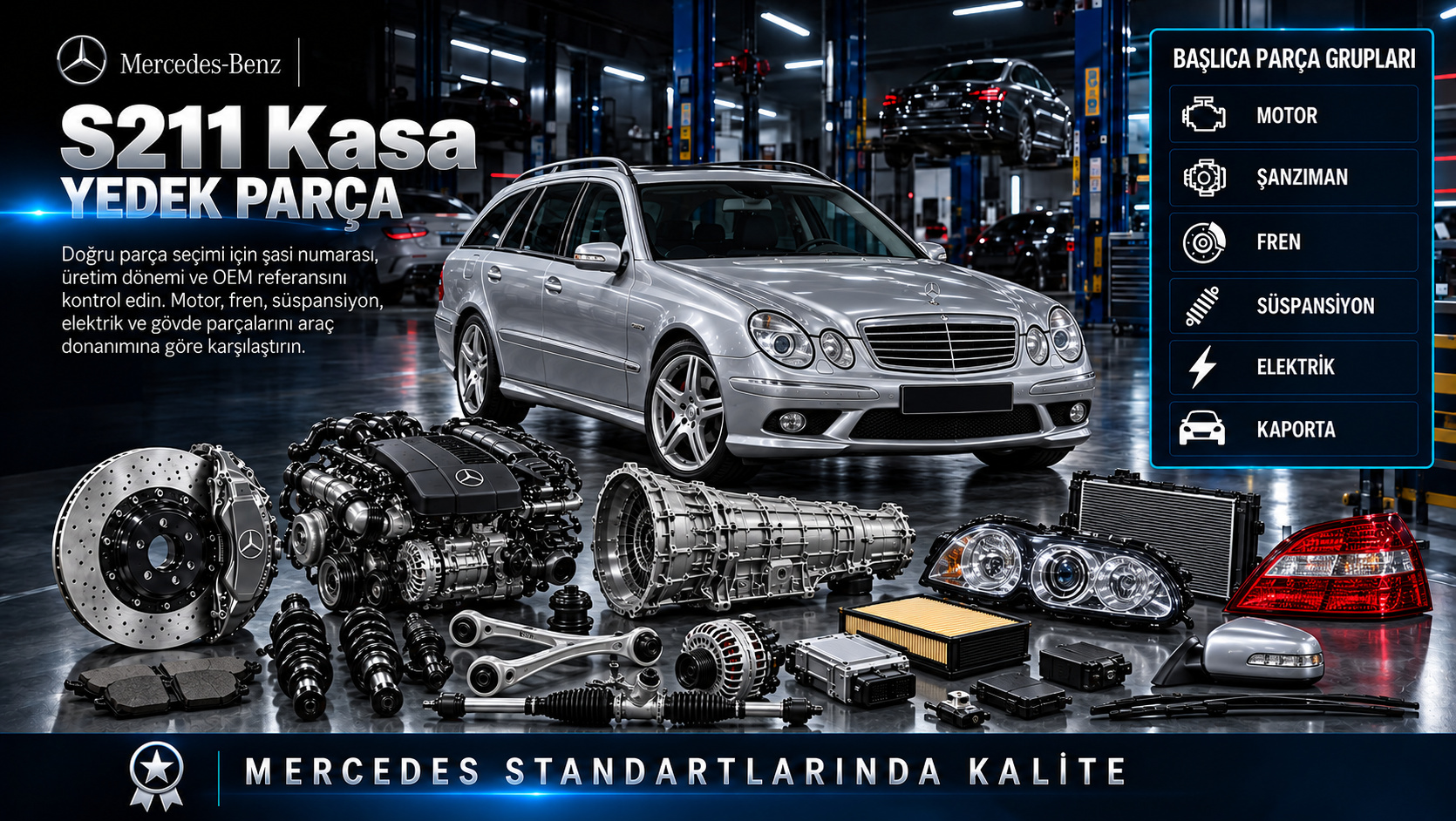 Mercedes S211 station motor, şanzıman, arka seviye kontrolü ve bagaj parçaları