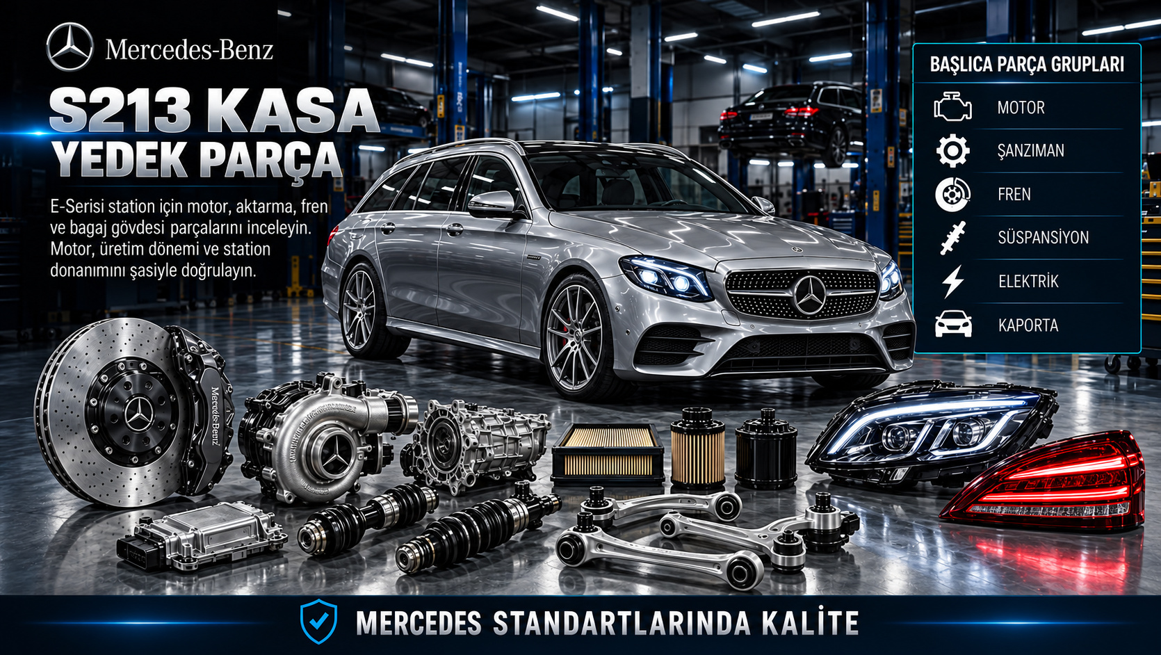 Mercedes S213 E-Serisi station motor, aktarma, süspansiyon ve bagaj gövde parçaları