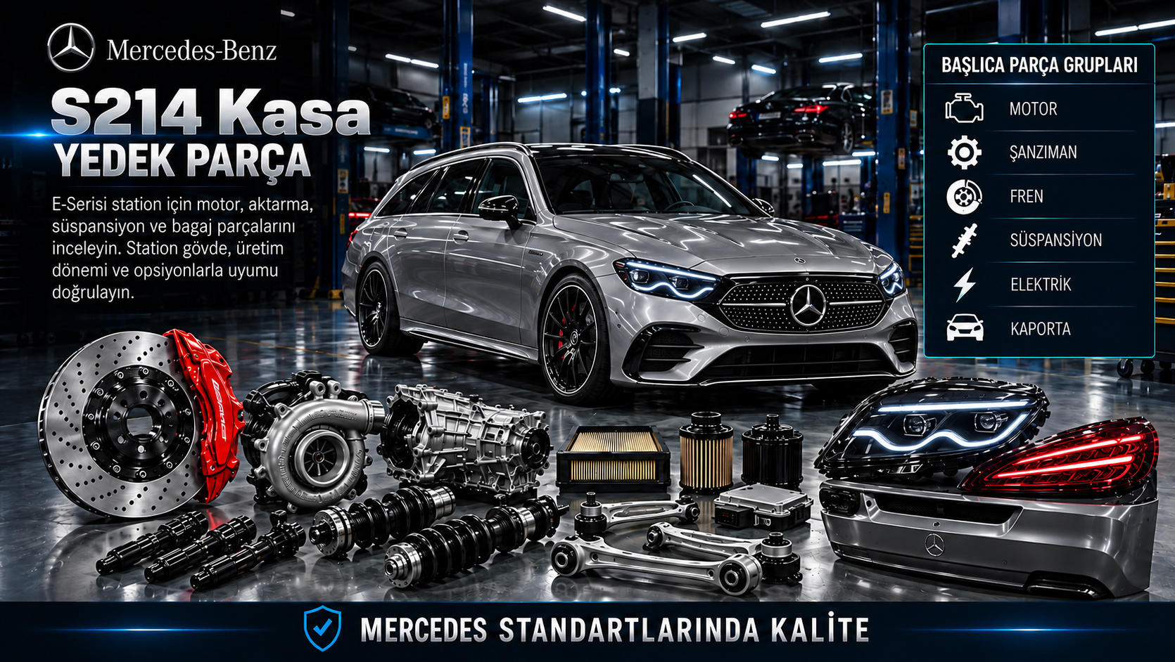 Mercedes S214 Kasa Yedek Parça: motor, aktarma, fren, süspansiyon ve gövde parçaları