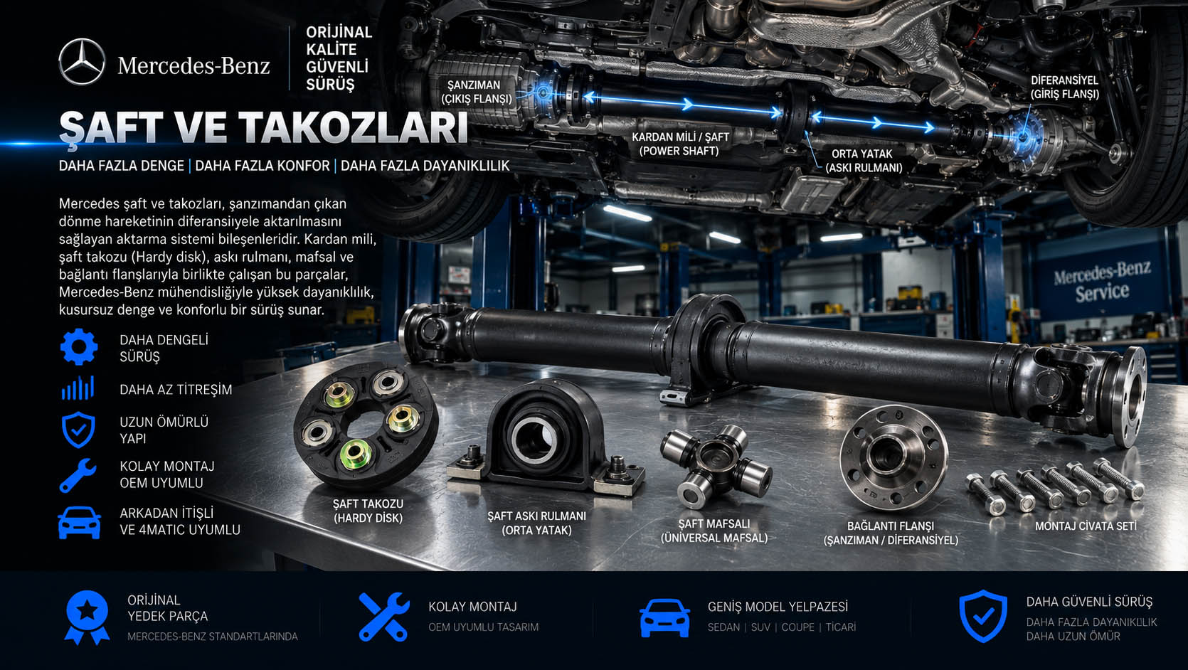 Mercedes şaft, şaft takozu, Hardy disk ve şaft askı rulmanı çeşitleri