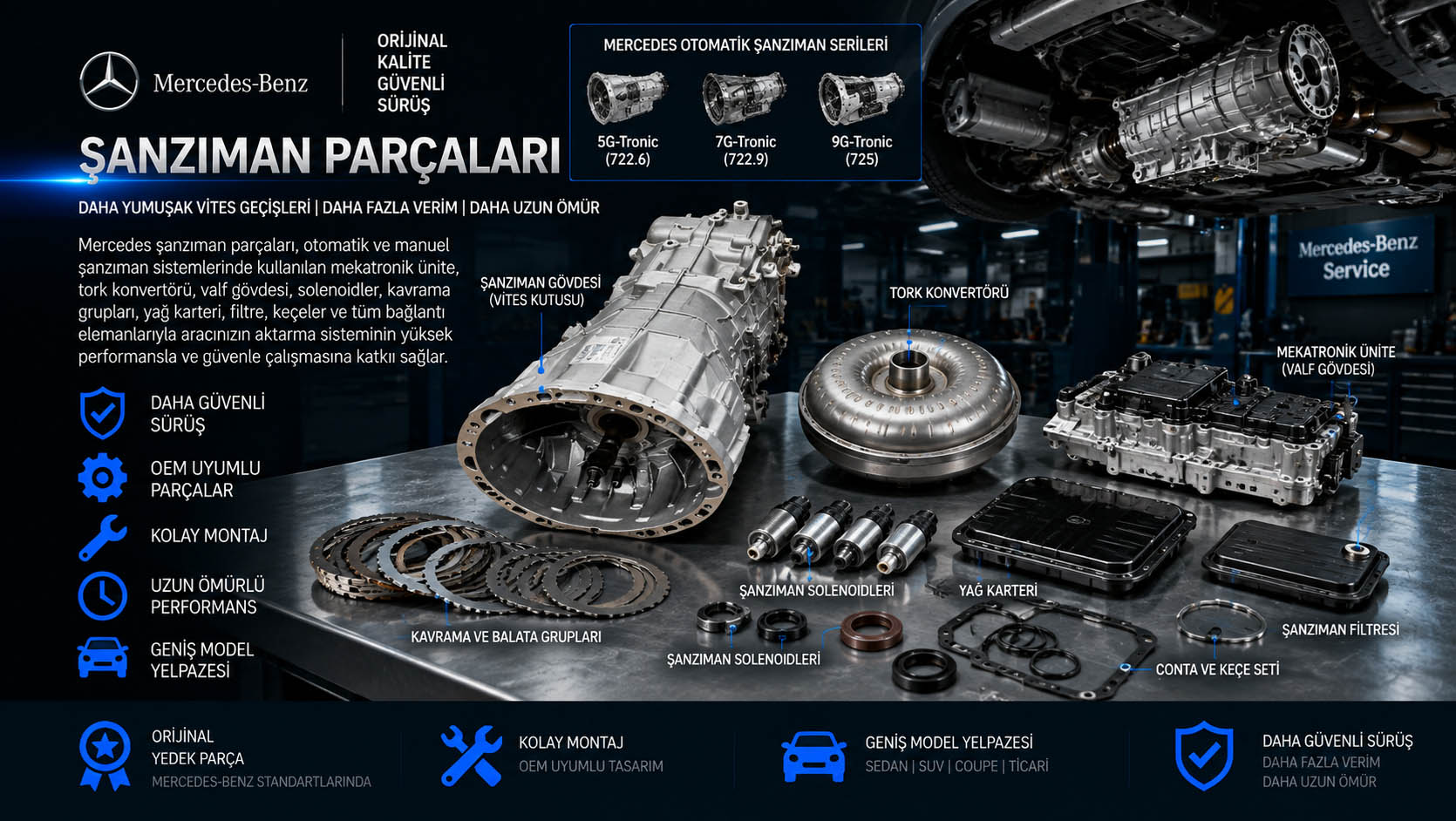 Mercedes Şanzıman Parçaları Mercedes şanzıman parçaları, mekatronik, tork konvertörü, valf gövdesi ve solenoid çeşitleri