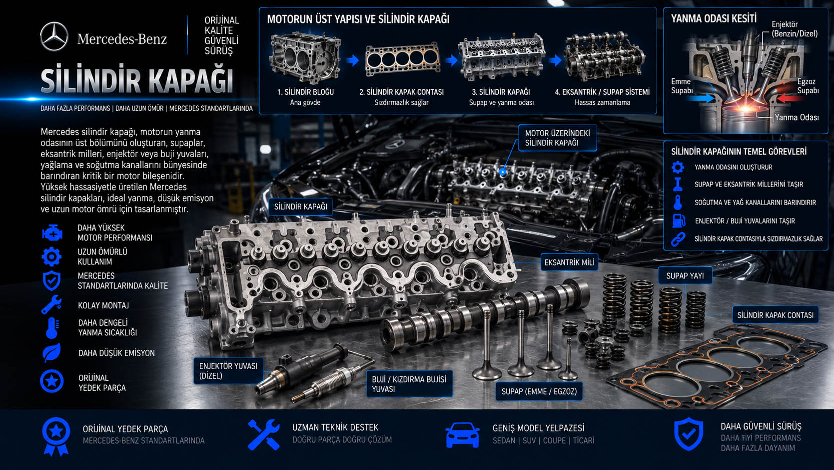 Mercedes silindir kapağı, cylinder head, supap ve eksantrik yuvaları