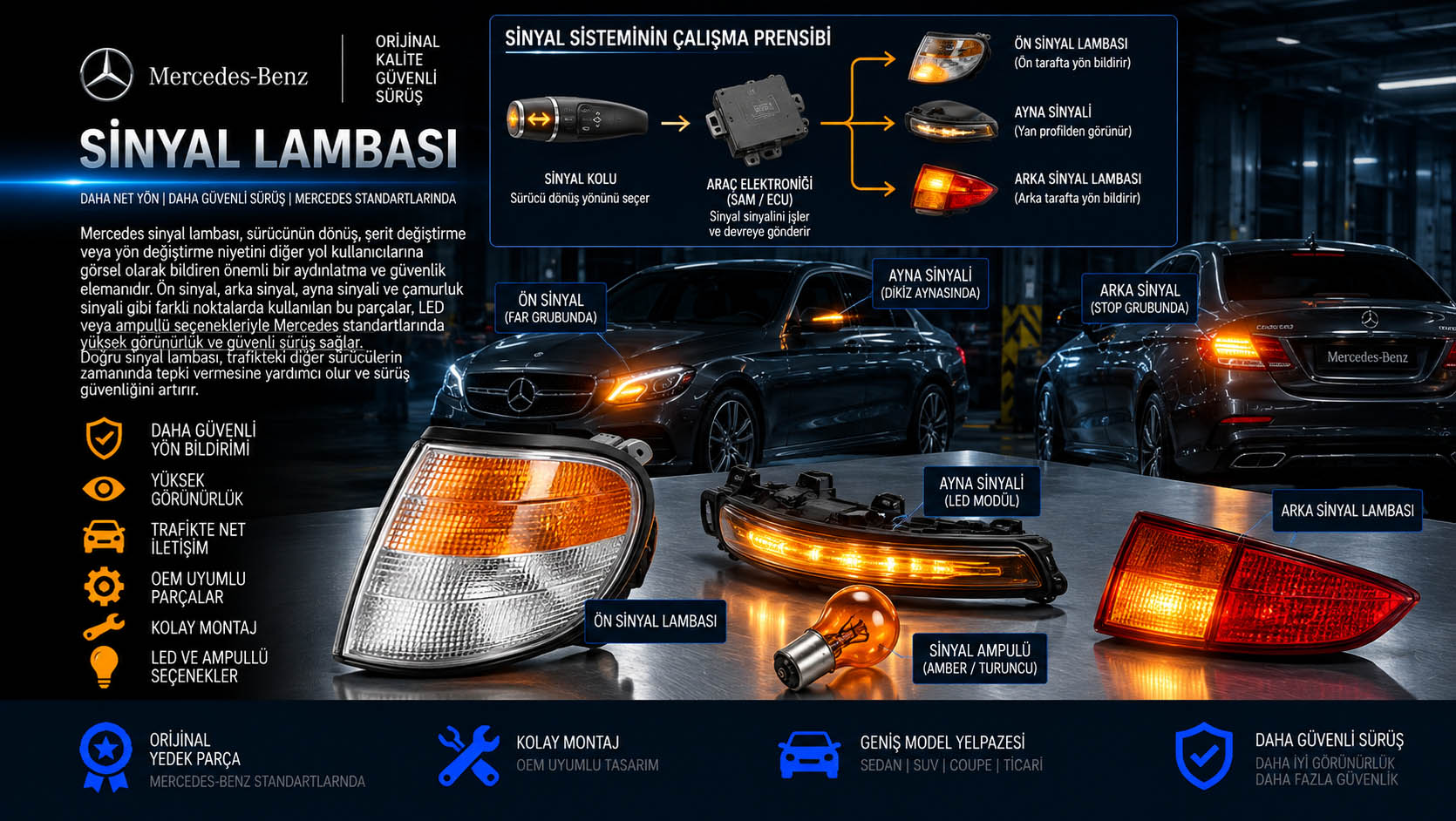 Mercedes sinyal lambası, ön arka turn signal, ayna sinyali ve LED sinyal çeşitleri