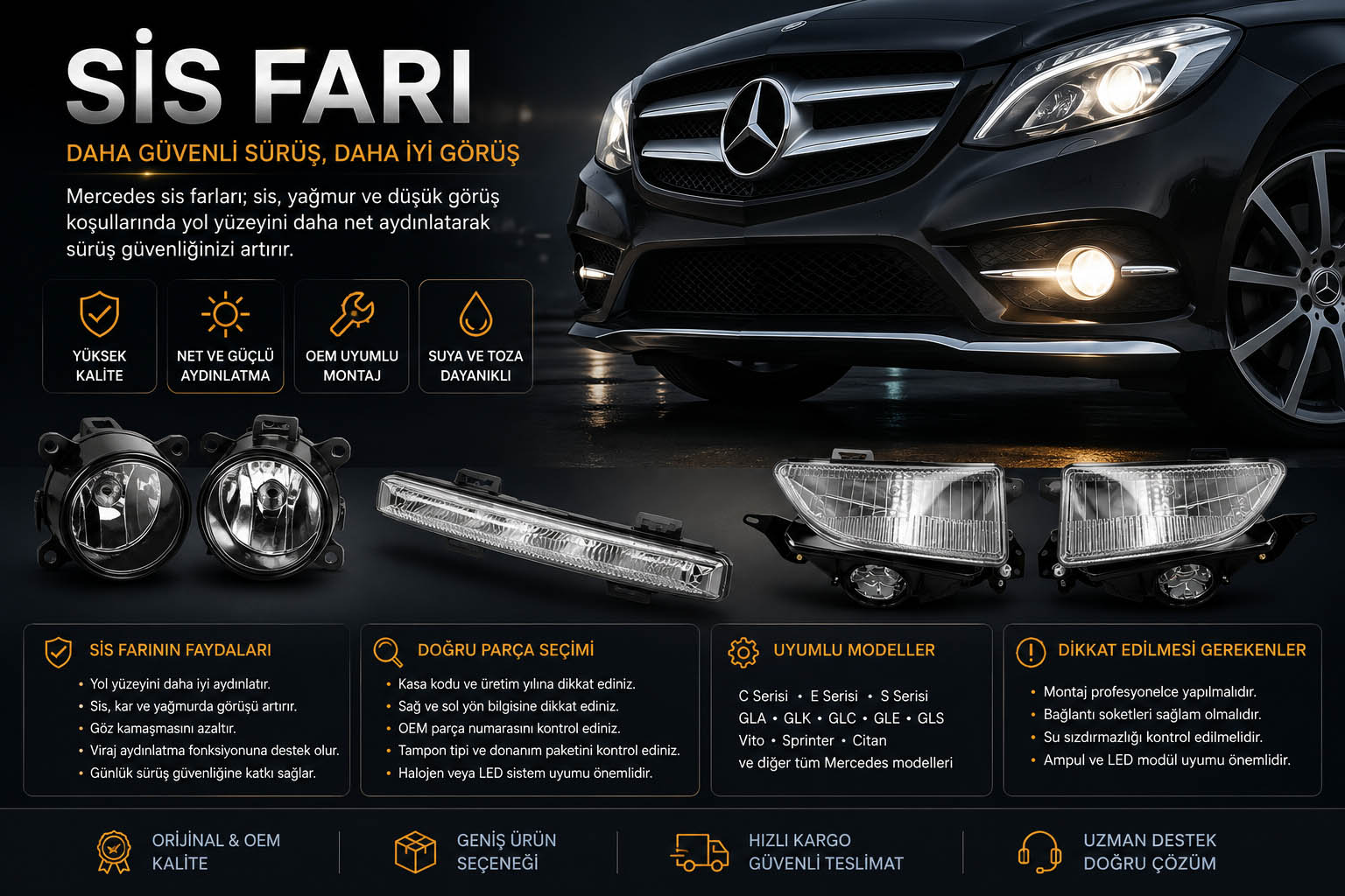 Mercedes sis farı, sağ sol ön sis lambası ve LED sis farı çeşitleri
