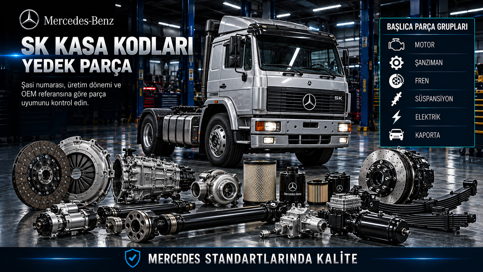 Mercedes SK klasik kamyon kasa kodları, kabin, dizel motor, aks ve hava sistemi parçaları