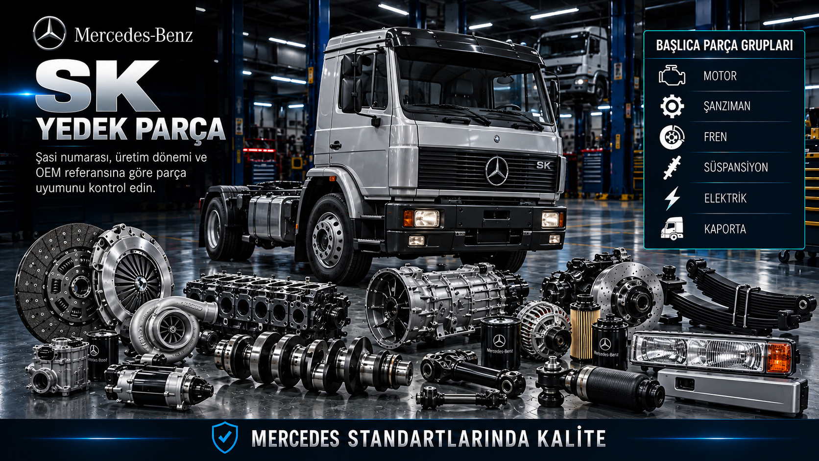 Mercedes SK kamyon dizel bakım, debriyaj, şanzıman, fren, hava ve kabin parçaları