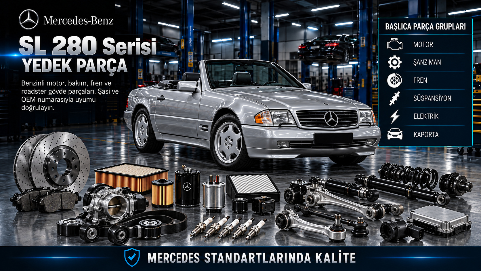 Mercedes SL 280 roadster için motor, bakım, fren, süspansiyon ve tavan sistemi yedek parçaları