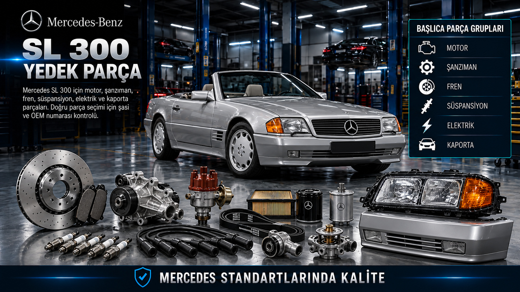 Mercedes SL 300 klasik roadster motor ateşleme ve gövde parçaları