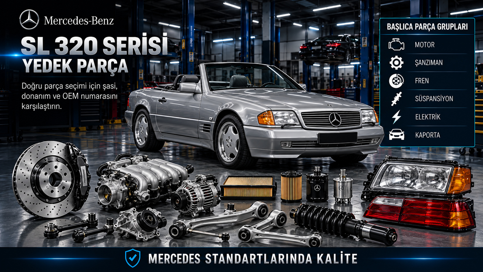 Mercedes SL 320 roadster motor, ateşleme, fren, tavan mekanizması ve fitil parçaları