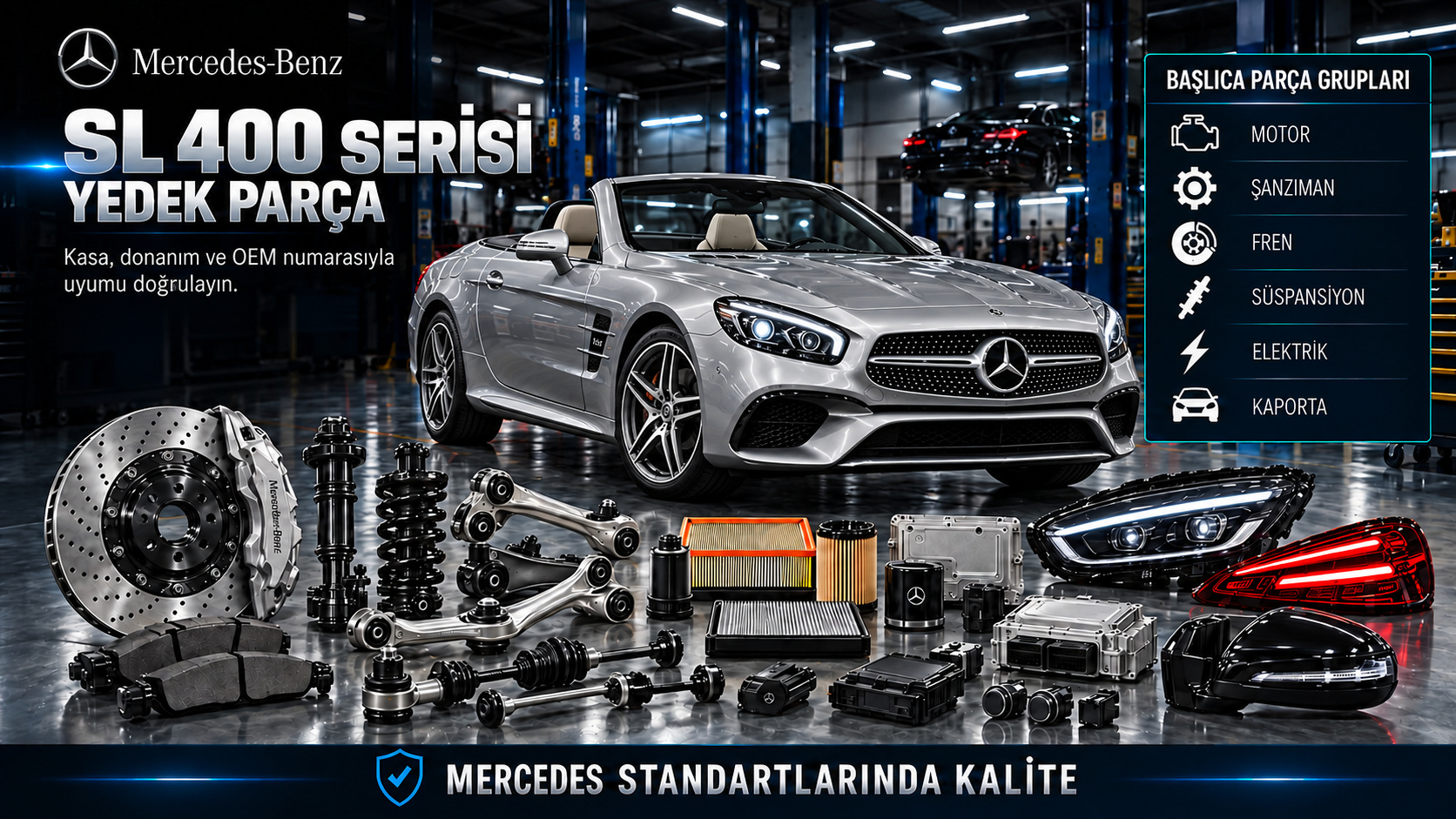 Mercedes SL 400 roadster motor, tavan mekanizması, fren, süspansiyon ve gövde parçaları