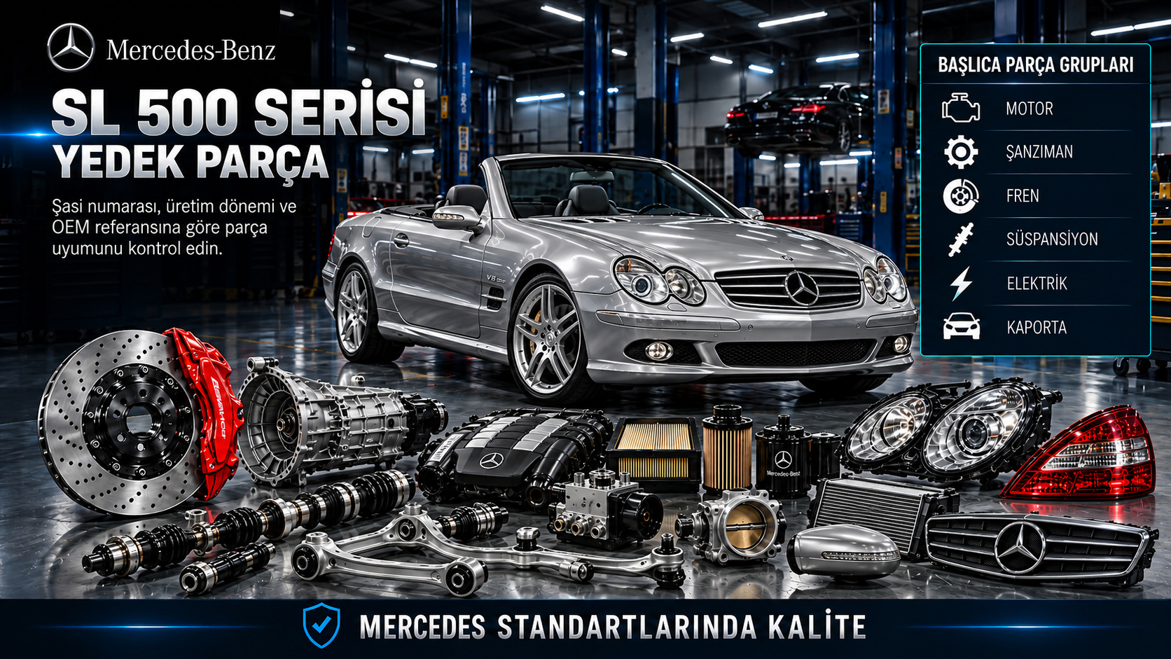 Mercedes SL 500 roadster motor, şanzıman, fren, süspansiyon ve açılır tavan parçaları