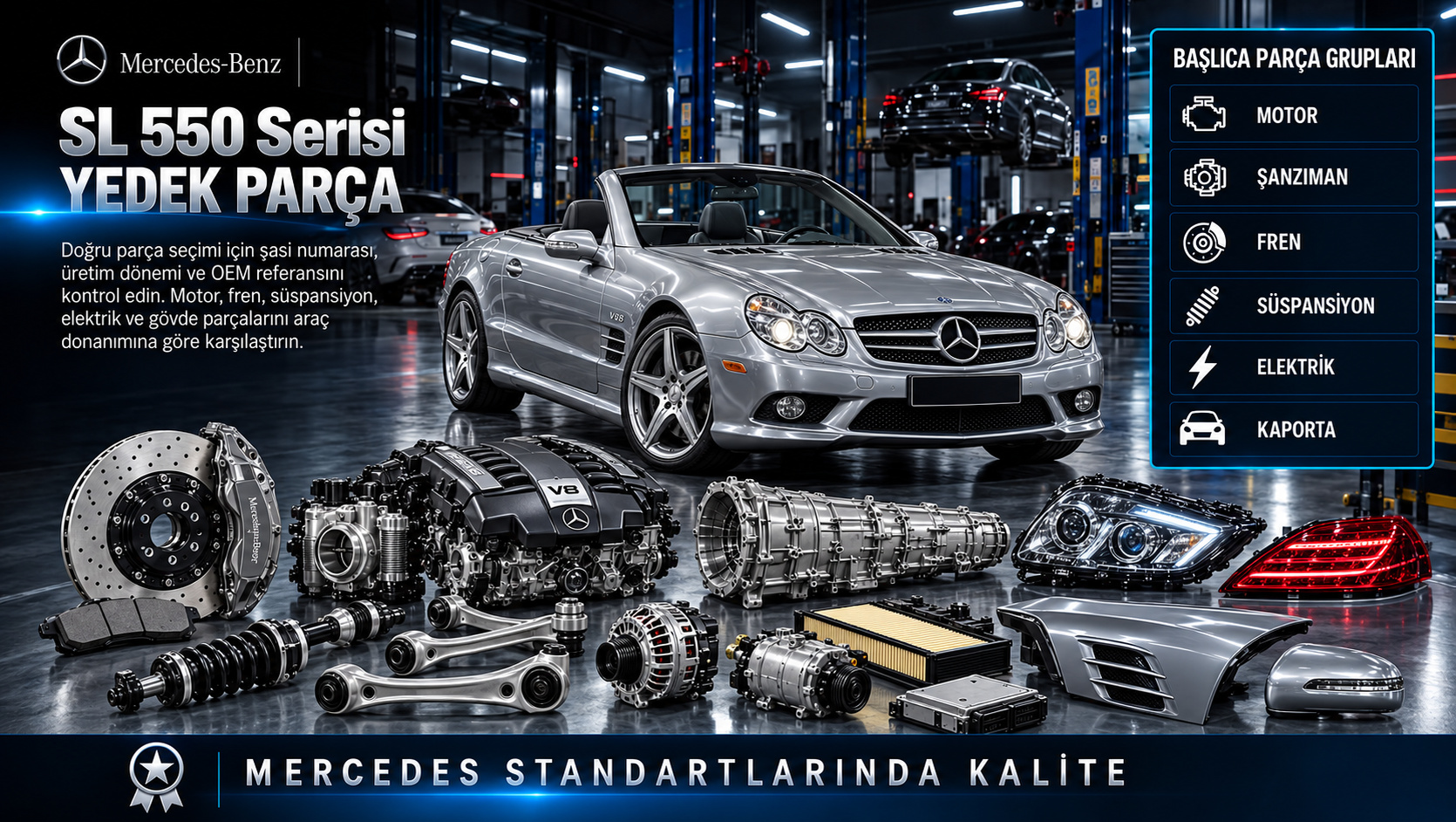 Mercedes SL 550 Serisi Yedek Parça: motor, aktarma, fren, süspansiyon ve gövde parçaları