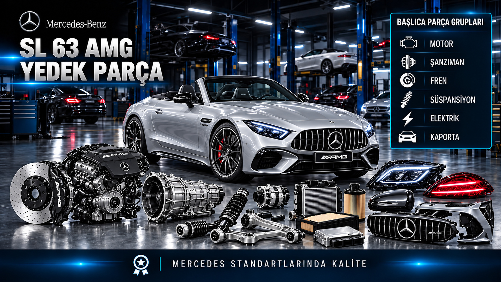 Mercedes SL 63 AMG için kategoriye uygun tahrik, bakım, fren, süspansiyon ve gövde parçaları
