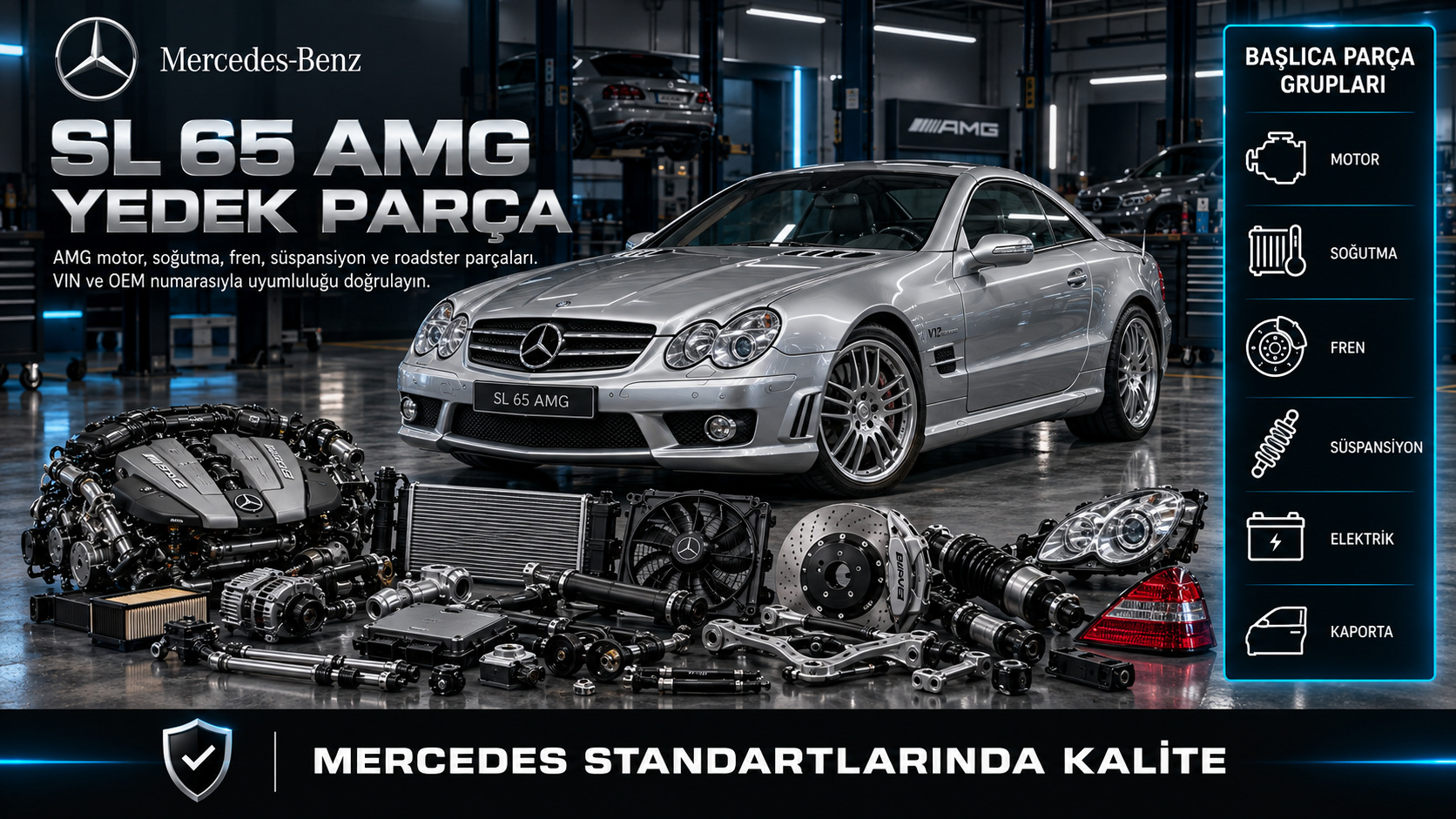 Mercedes-Benz SL 65 AMG motor, soğutma, fren, süspansiyon ve roadster parçaları