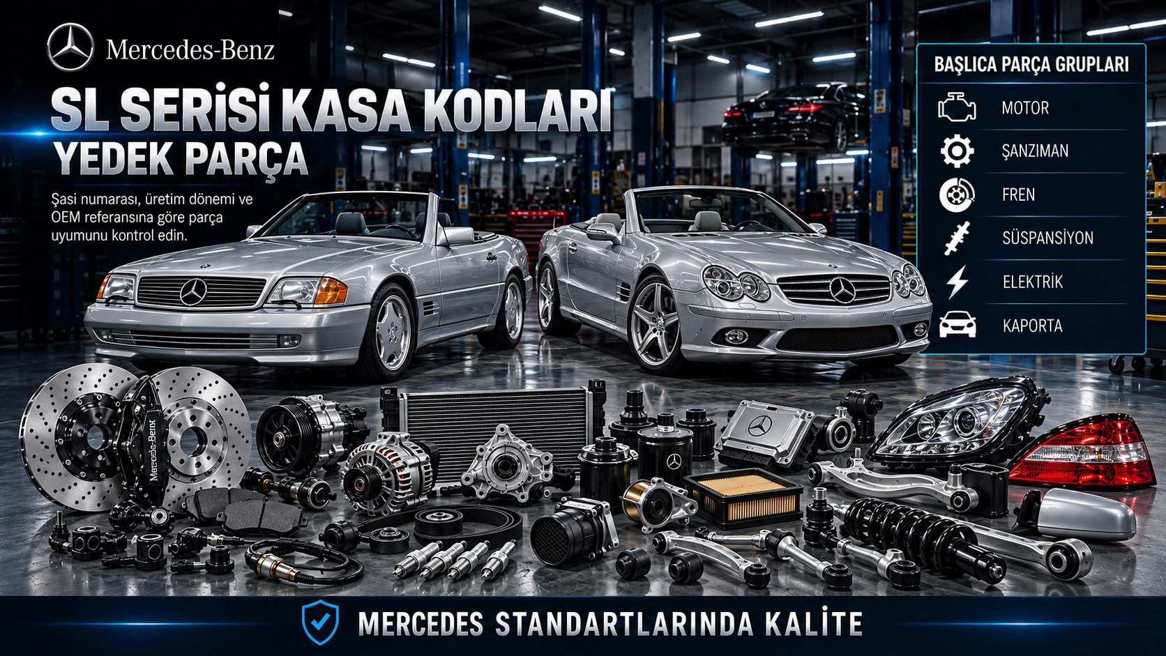 Mercedes SL Serisi roadster kasa kodları, motor, tavan mekanizması ve gövde parçaları