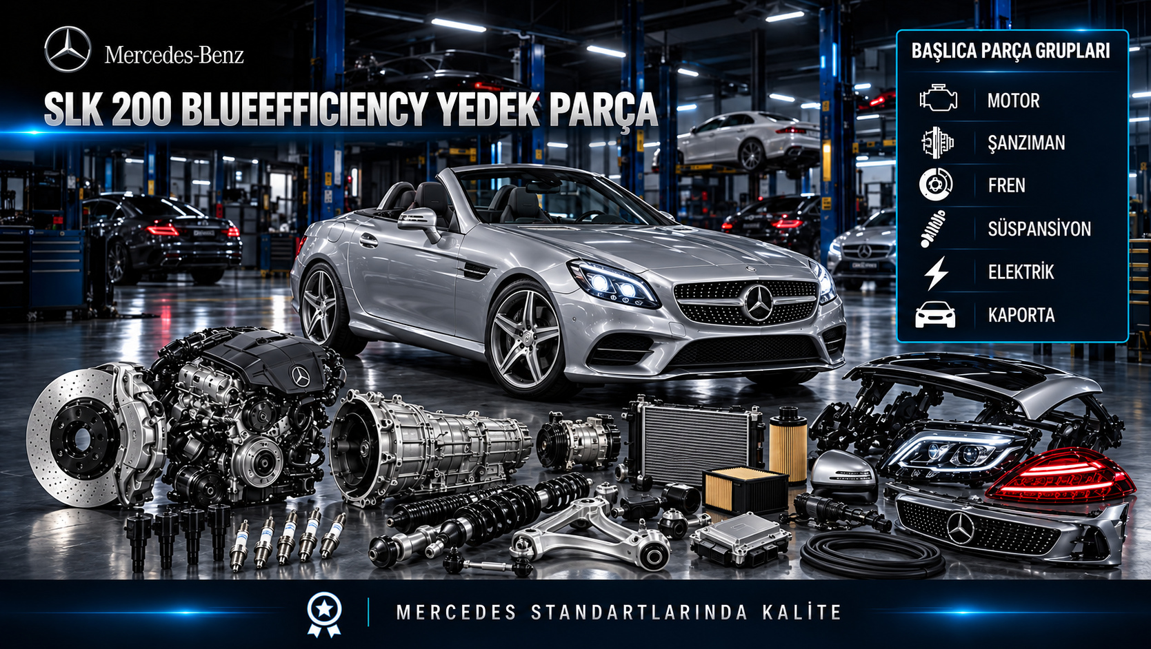 Mercedes-Benz SLK 200 BlueEfficiency için motor, ateşleme, bakım, fren ve açılır tavan roadster parçalarını gösteren kategori görseli