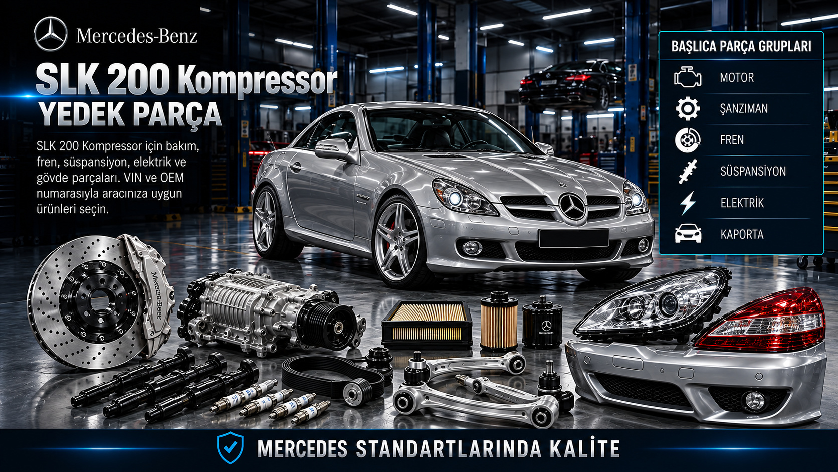 Mercedes-Benz SLK 200 Kompressor motor, kompresör, fren ve açılır tavan parçaları