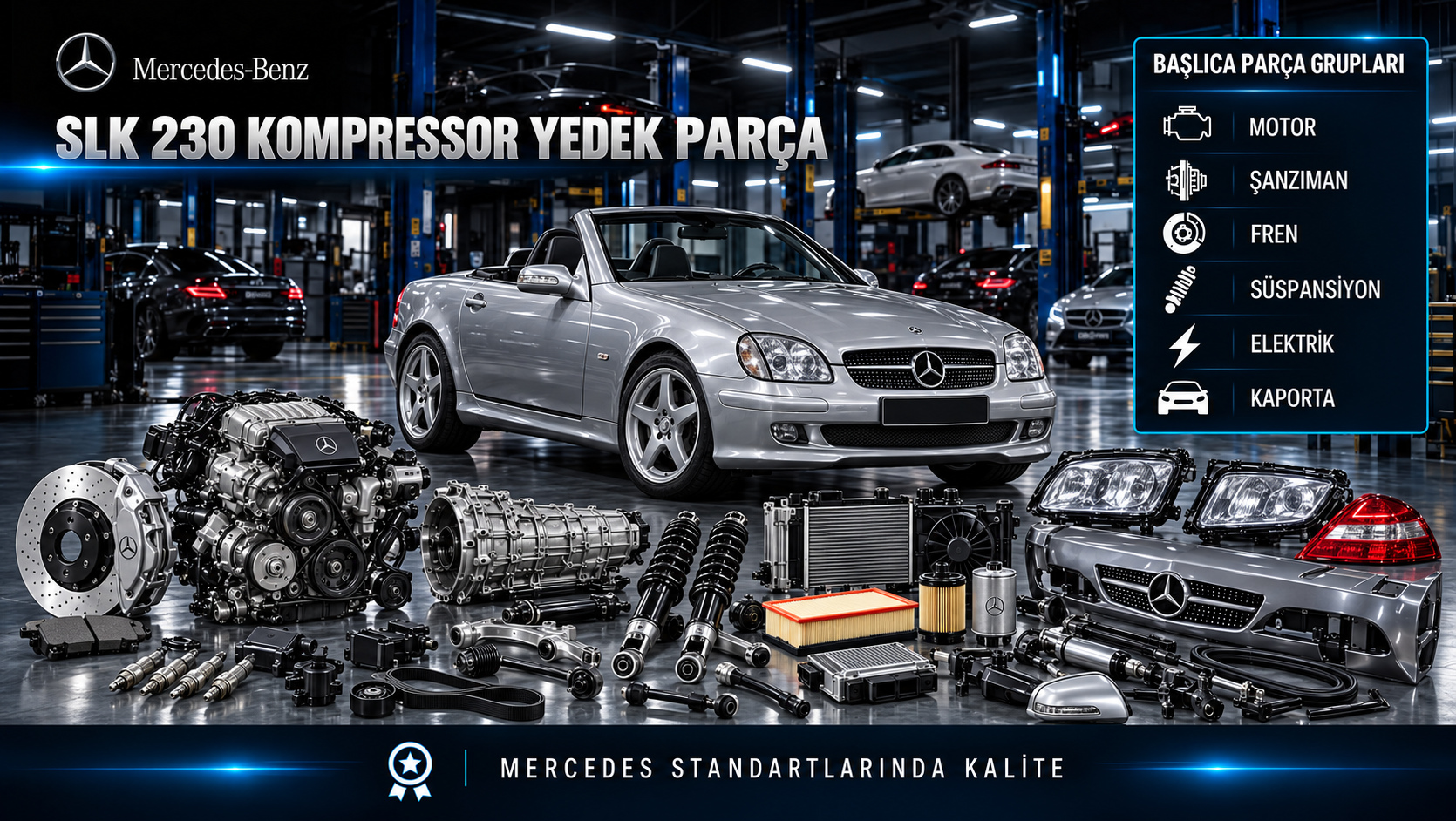 Mercedes-Benz SLK 230 Kompressor için motor, mekanik kompresör çevresi, ateşleme, bakım ve roadster parçalarını gösteren kategori görseli