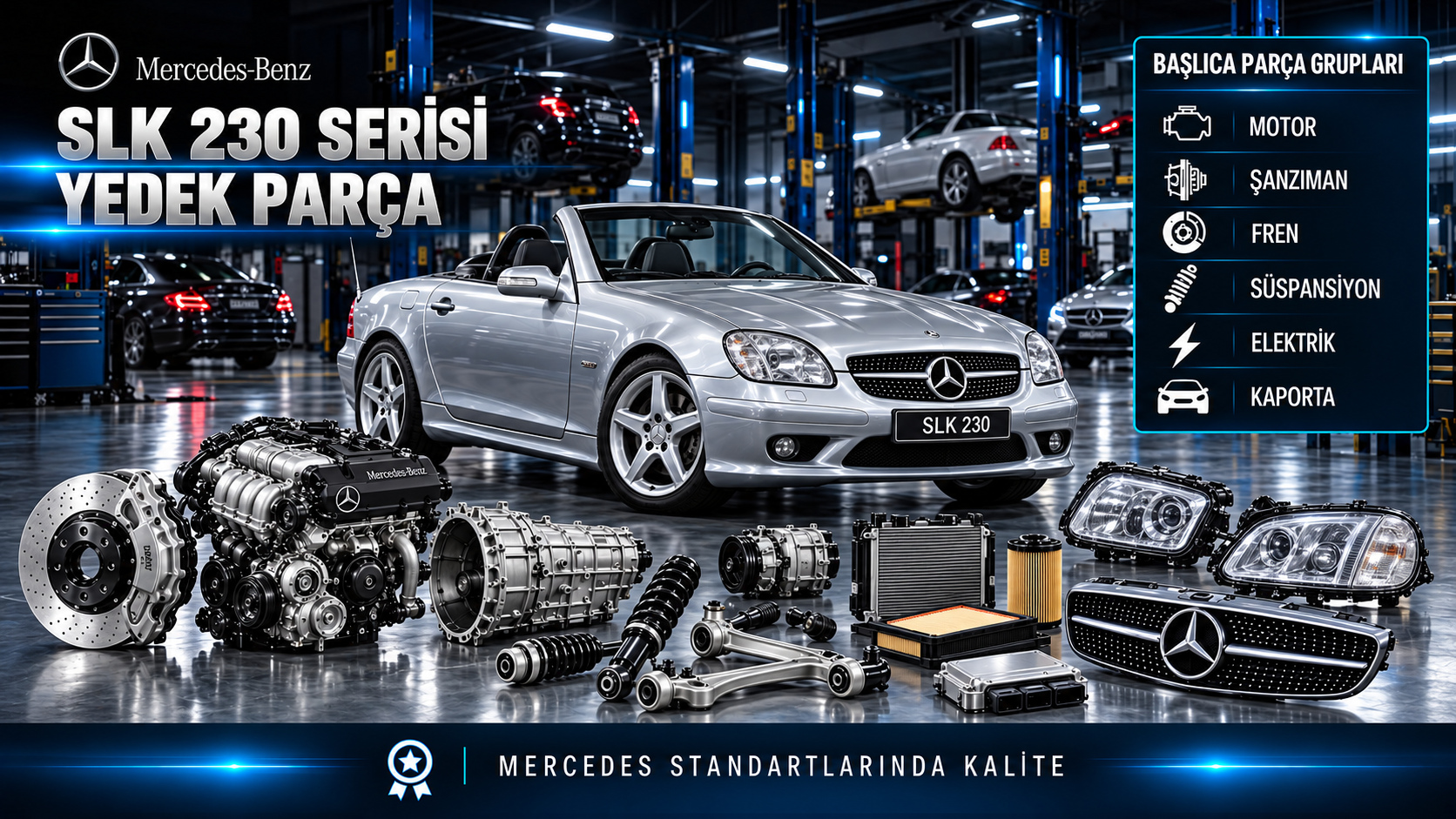 Mercedes SLK 230 için kategoriye uygun tahrik, bakım, fren, süspansiyon ve gövde parçaları