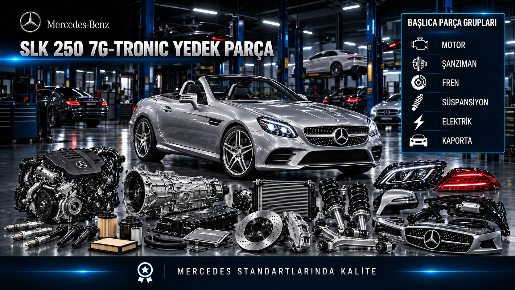 Mercedes-Benz SLK 250 7G-Tronic için motor, otomatik şanzıman, bakım, fren ve açılır tavan parçalarını gösteren kategori görseli