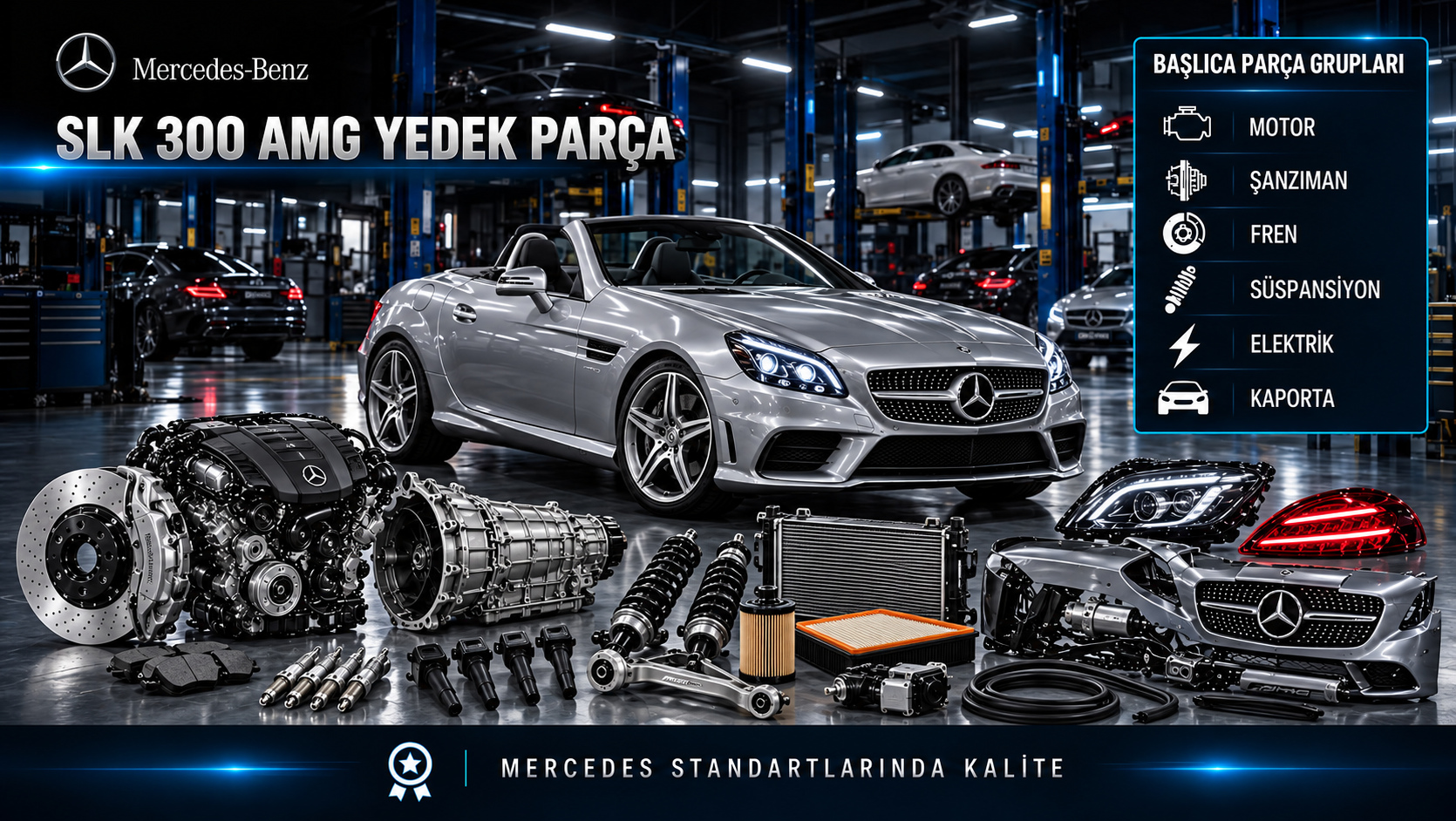 Mercedes-Benz SLK 300 AMG için motor, bakım, fren, süspansiyon, AMG gövde ve açılır tavan parçalarını gösteren kategori görseli