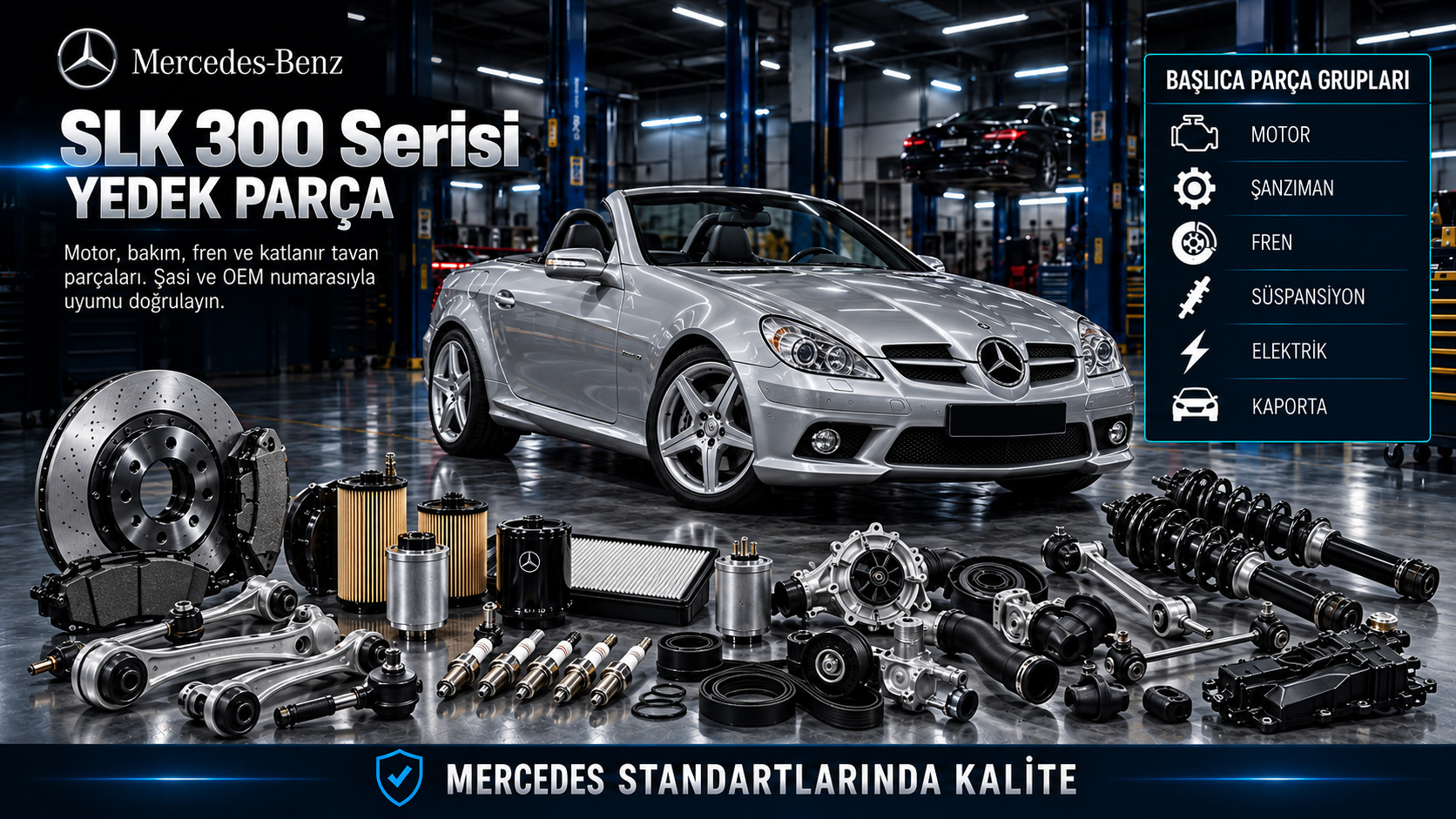 Mercedes SLK 300 için motor, ateşleme, fren, süspansiyon ve katlanır tavan parçaları