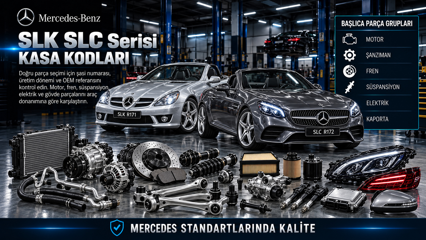 Mercedes SLK SLC roadster motor, katlanır tavan, cam ve süspansiyon parçaları