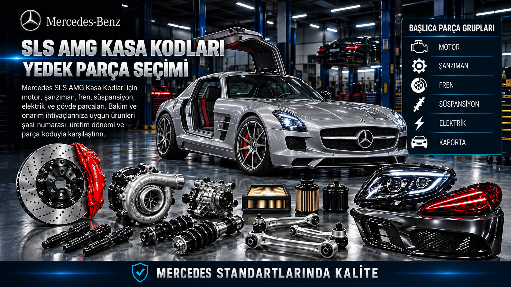 Mercedes SLS AMG coupe ve roadster kasa ayrımına göre motor, fren ve gövde parçaları