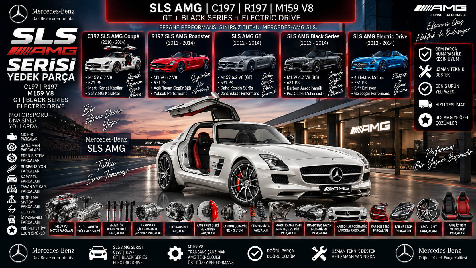Mercedes SLS AMG C197 R197 yedek parça M159 V8 motor şanzıman fren süspansiyon kaporta ve iç donanım parçaları