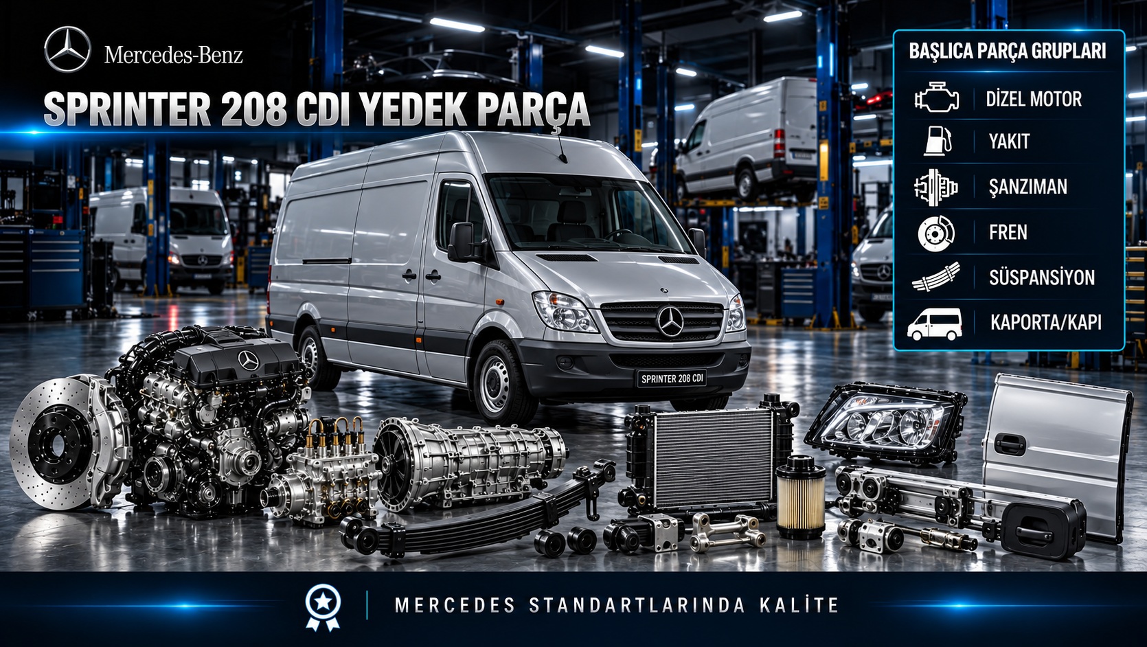 Mercedes Sprinter 208 CDI ticari van ve dizel motor, şanzıman, fren, süspansiyon parçaları