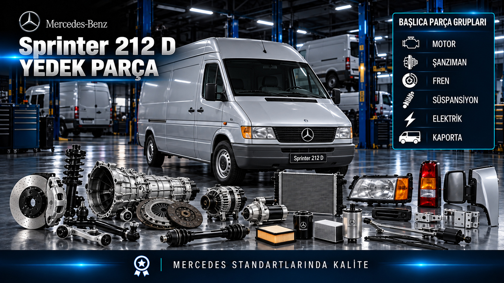 Mercedes-Benz Sprinter 212 D için dizel motor, bakım, fren, aktarma ve ticari gövde parçaları