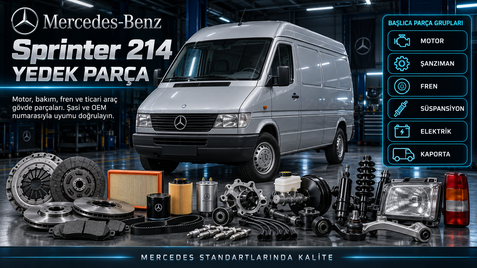 Mercedes Sprinter 214 ticari araç için motor, ateşleme, debriyaj, fren ve gövde parçaları