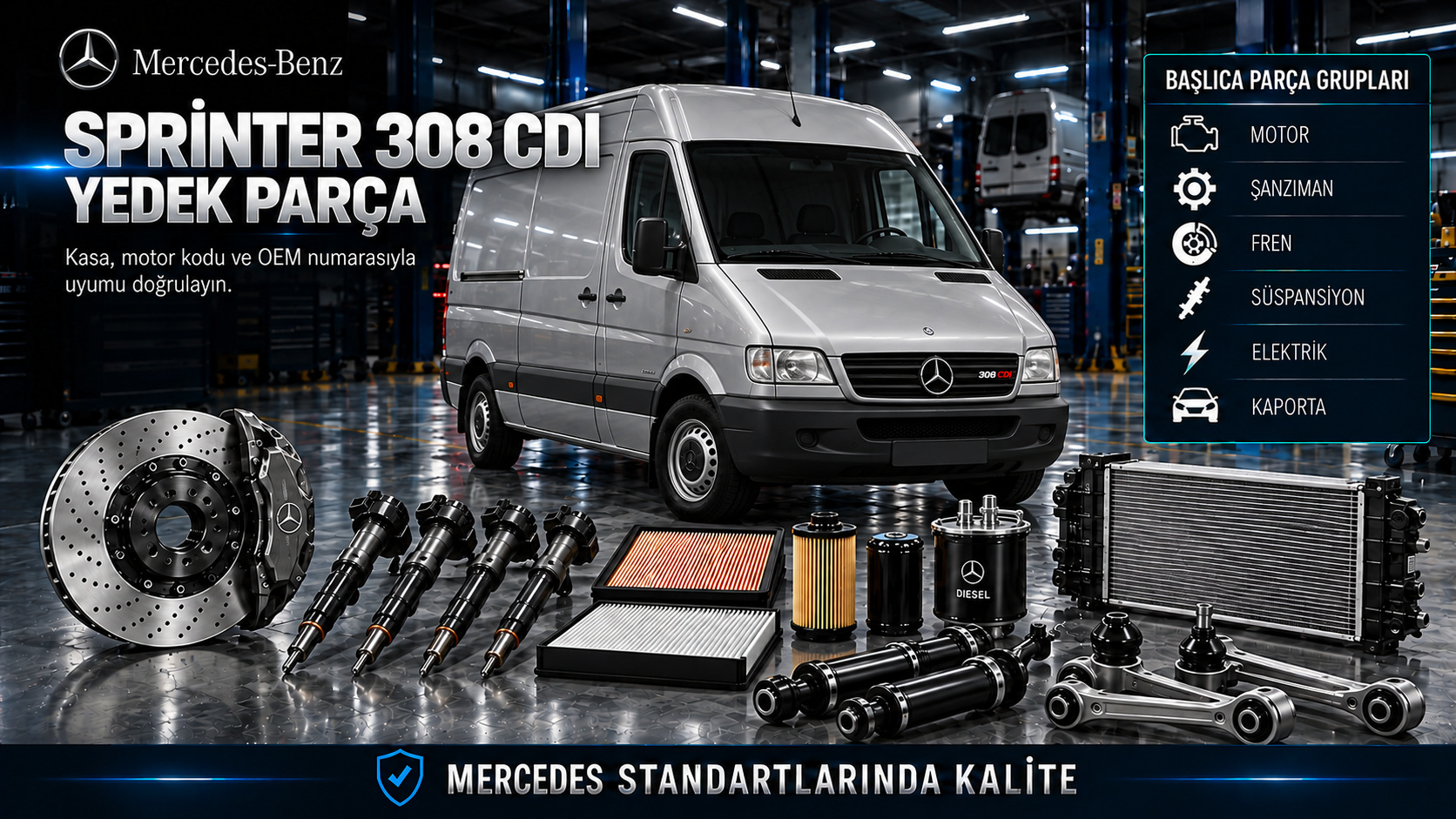 Mercedes Sprinter 308 CDI ticari van dizel motor, debriyaj, fren, süspansiyon ve kapı parçaları