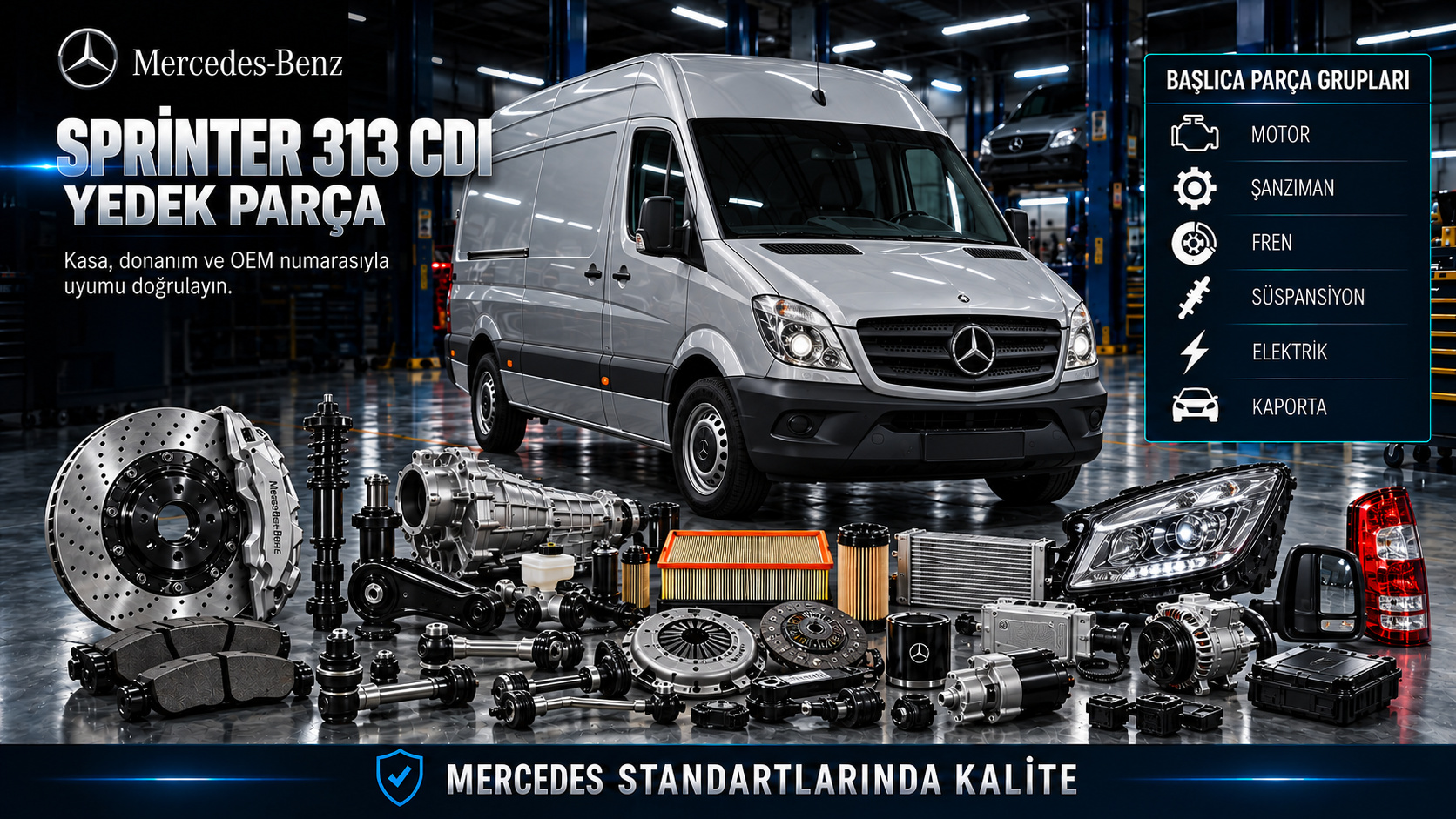 Mercedes Sprinter 313 CDI dizel motor, enjektör, fren, yay, aks ve kapı parçaları