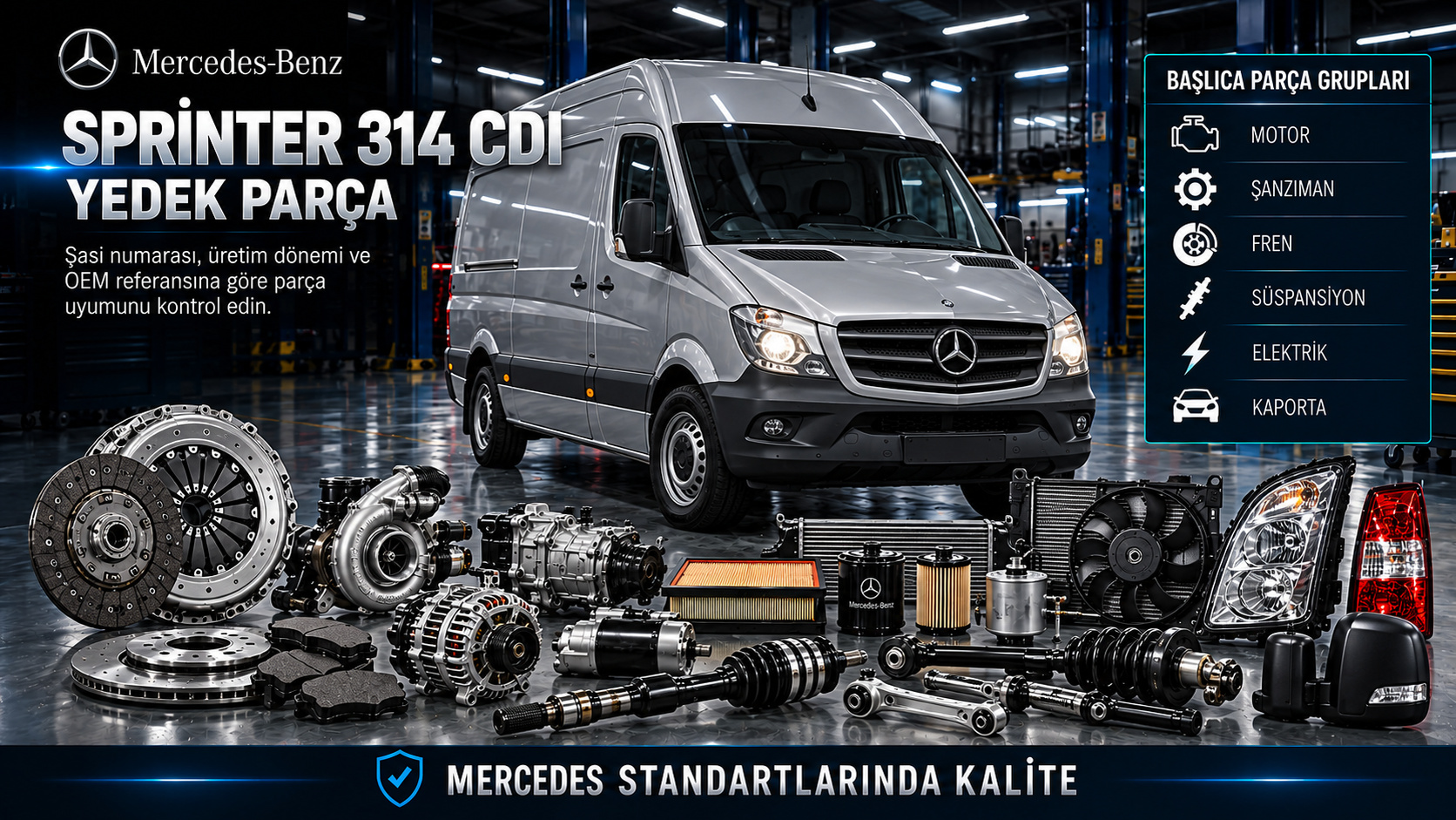 Mercedes Sprinter 314 CDI dizel motor, şanzıman, fren, yaprak yay ve ticari kapı parçaları