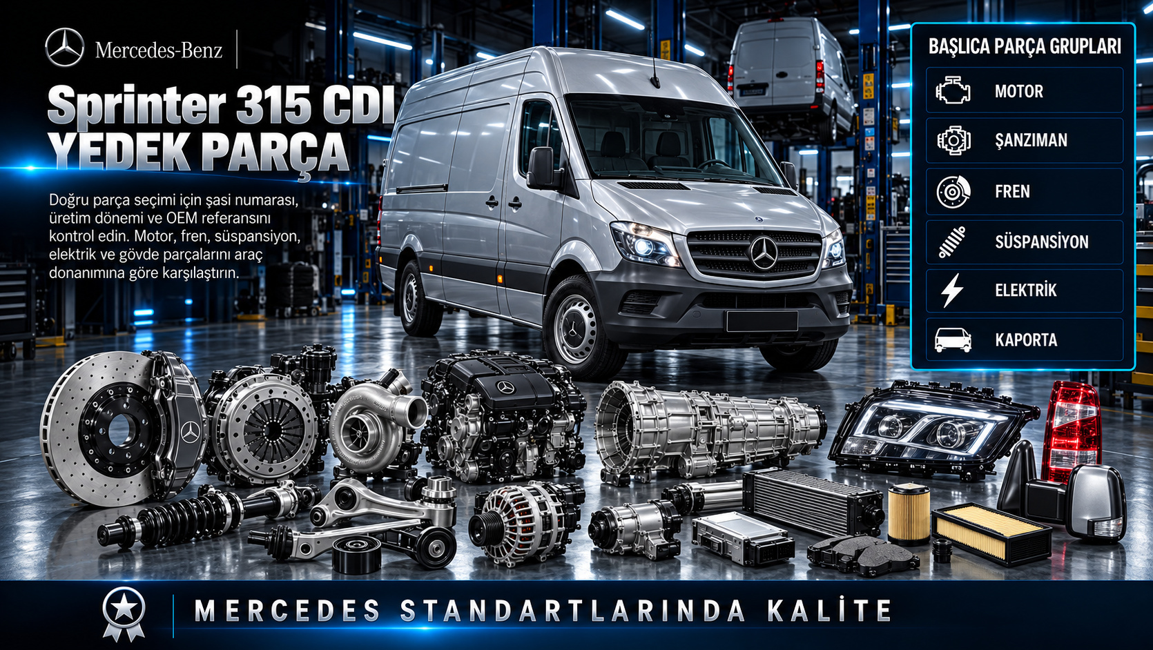 Mercedes Sprinter 315 CDI Yedek Parça: motor, aktarma, fren, süspansiyon ve gövde parçaları