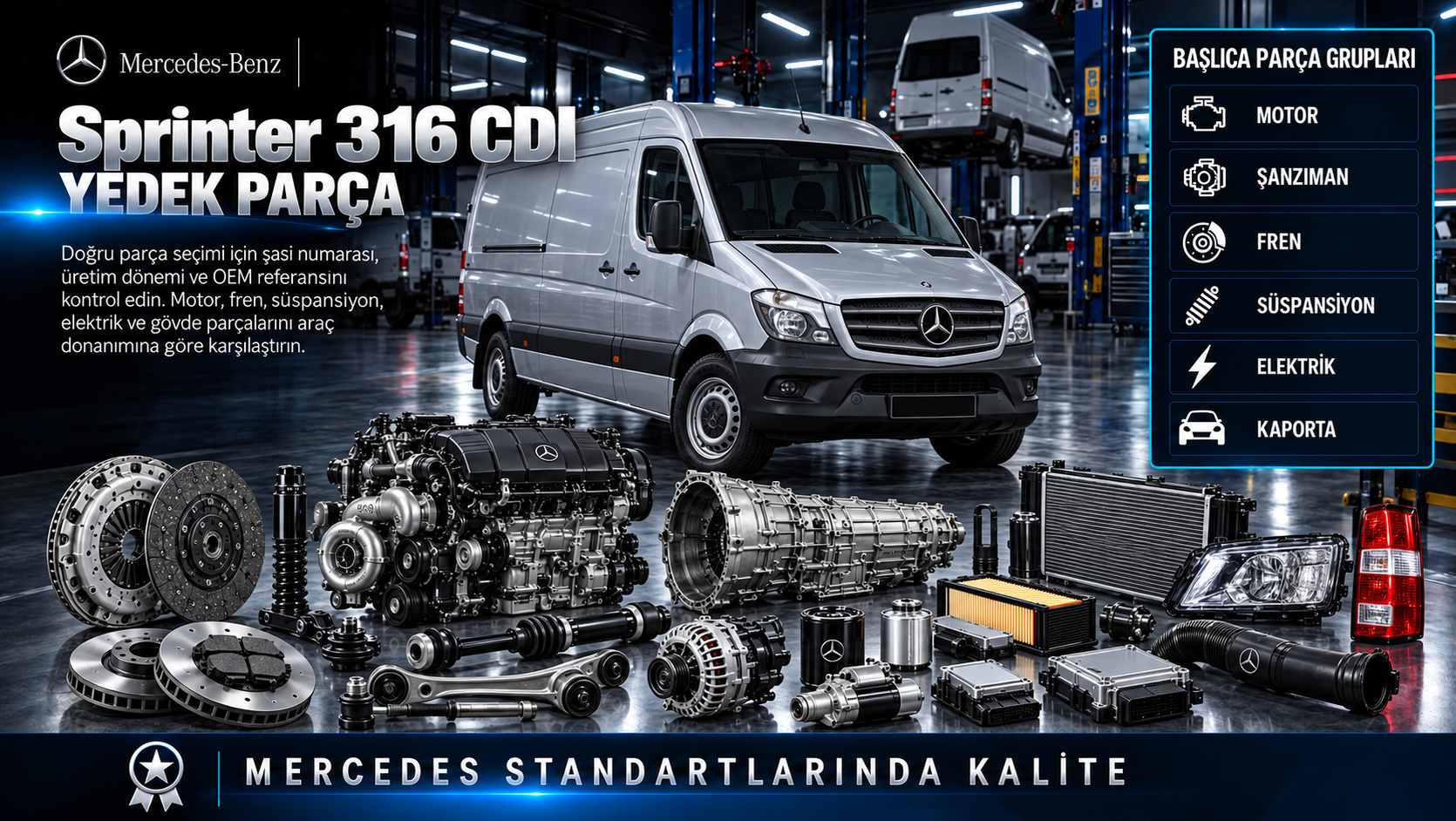 Mercedes Sprinter 316 CDI dizel motor, debriyaj, fren, makas ve ticari gövde parçaları