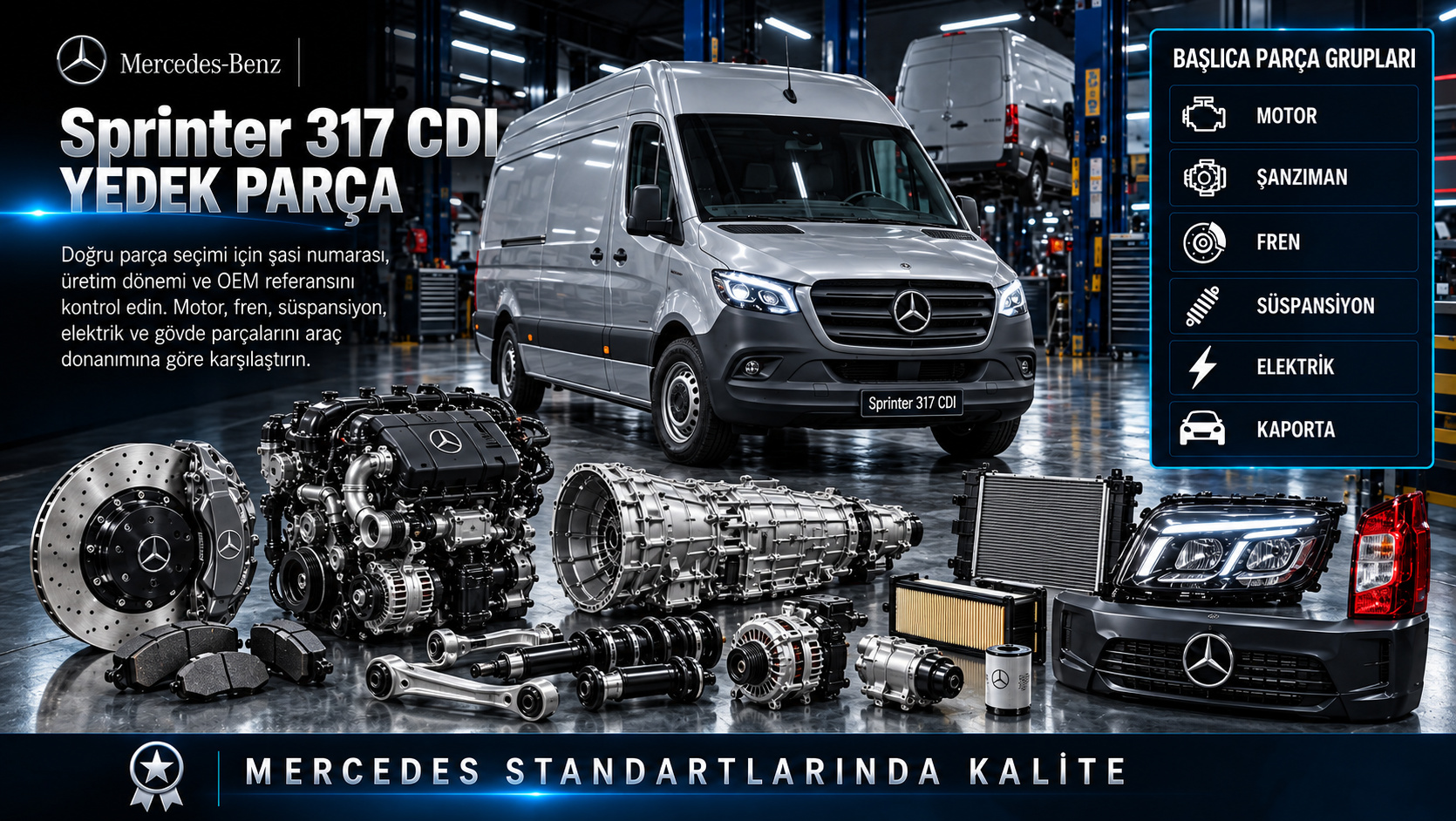 Mercedes Sprinter 317 CDI motor, debriyaj, fren, makas ve ticari gövde yedek parçaları