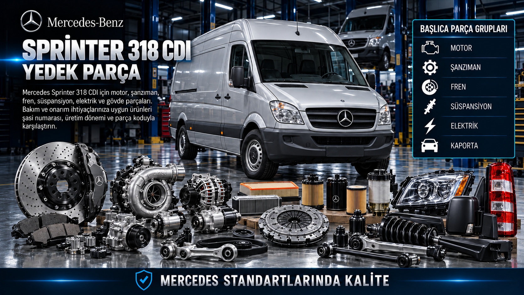 Mercedes Sprinter 318 CDI motor, yakıt, aktarma, fren ve ticari gövde parçaları