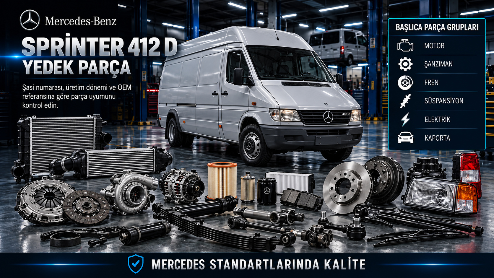 Mercedes Sprinter 412 D dizel motor, debriyaj, fren, yaprak yay ve ticari gövde parçaları