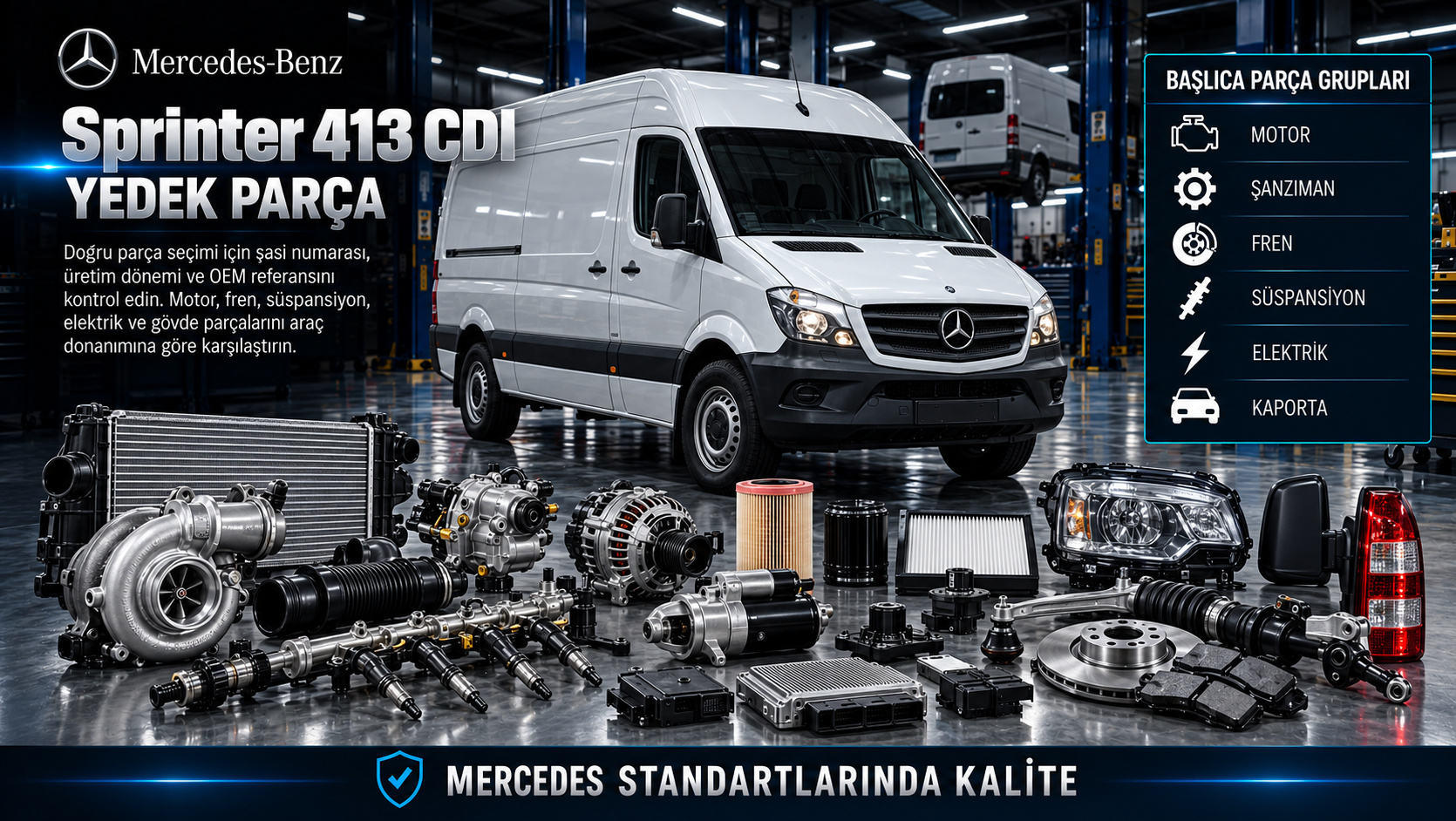 Mercedes Sprinter 413 CDI motor, debriyaj, fren, makas ve ticari gövde parçaları
