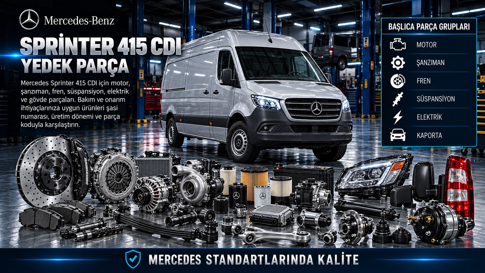 Mercedes Sprinter 415 CDI motor, fren, süspansiyon, aktarma ve kapı parçaları