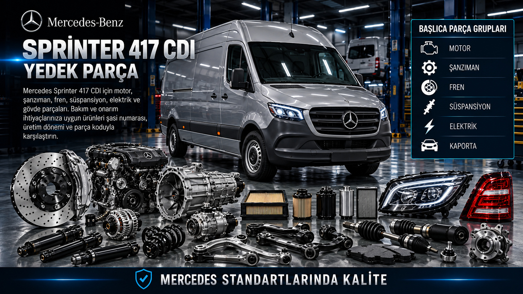 Mercedes Sprinter 417 CDI dizel motor, aktarma, fren, süspansiyon ve ticari gövde parçaları