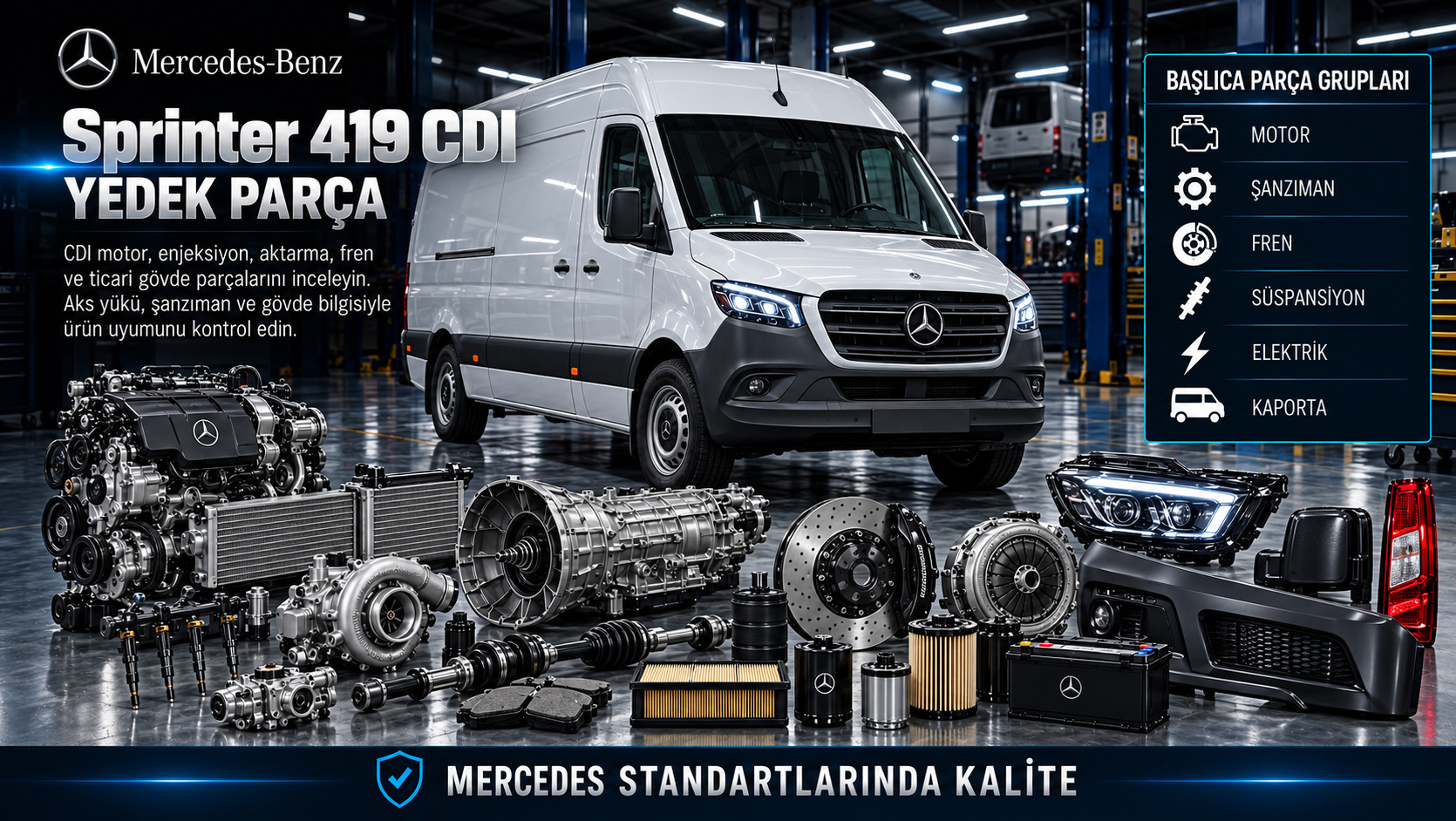 Mercedes Sprinter 419 CDI Yedek Parça: motor, aktarma, fren, süspansiyon ve gövde parçaları