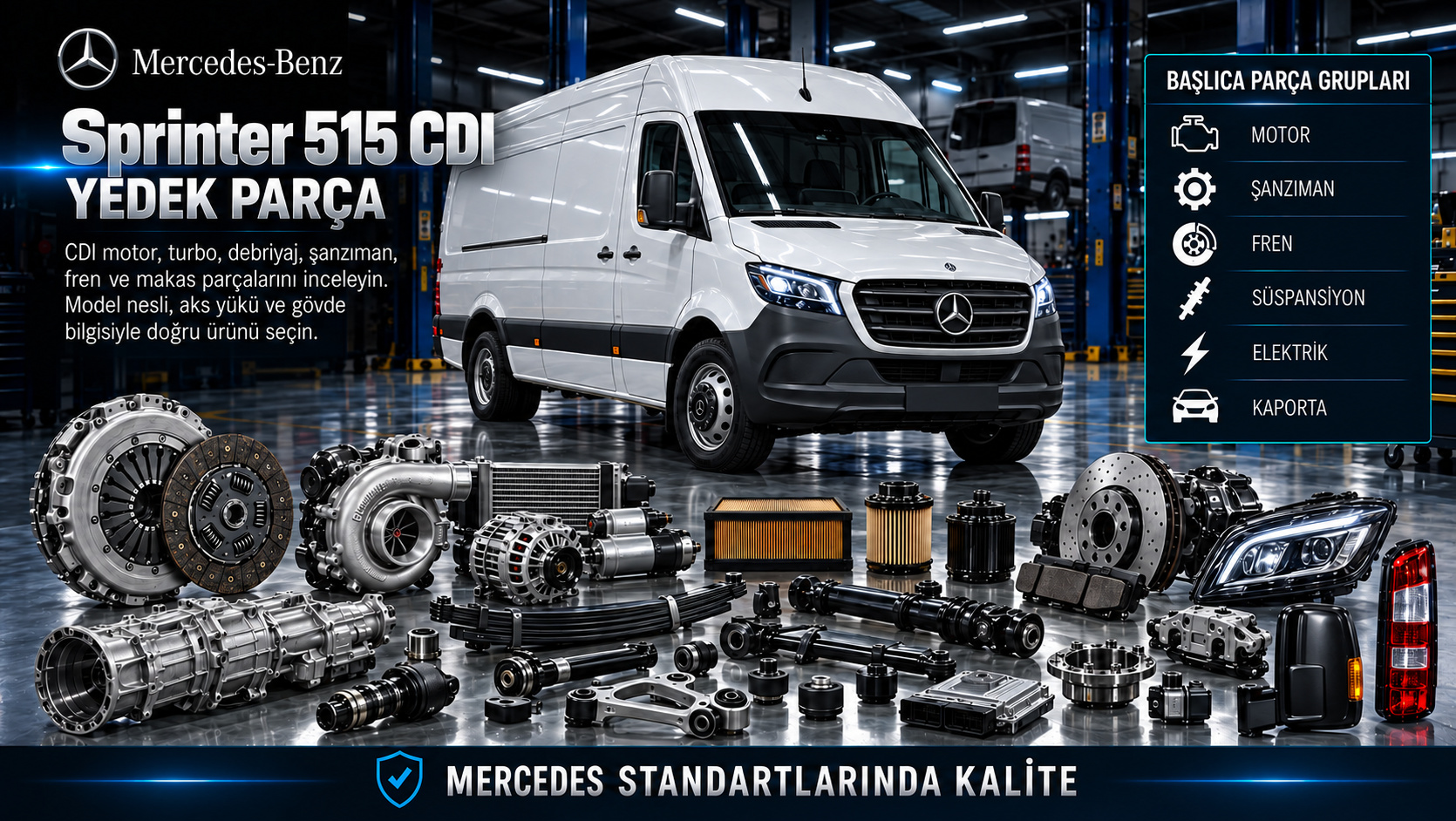 Mercedes Sprinter 515 CDI Yedek Parça: motor, aktarma, fren, süspansiyon ve gövde parçaları
