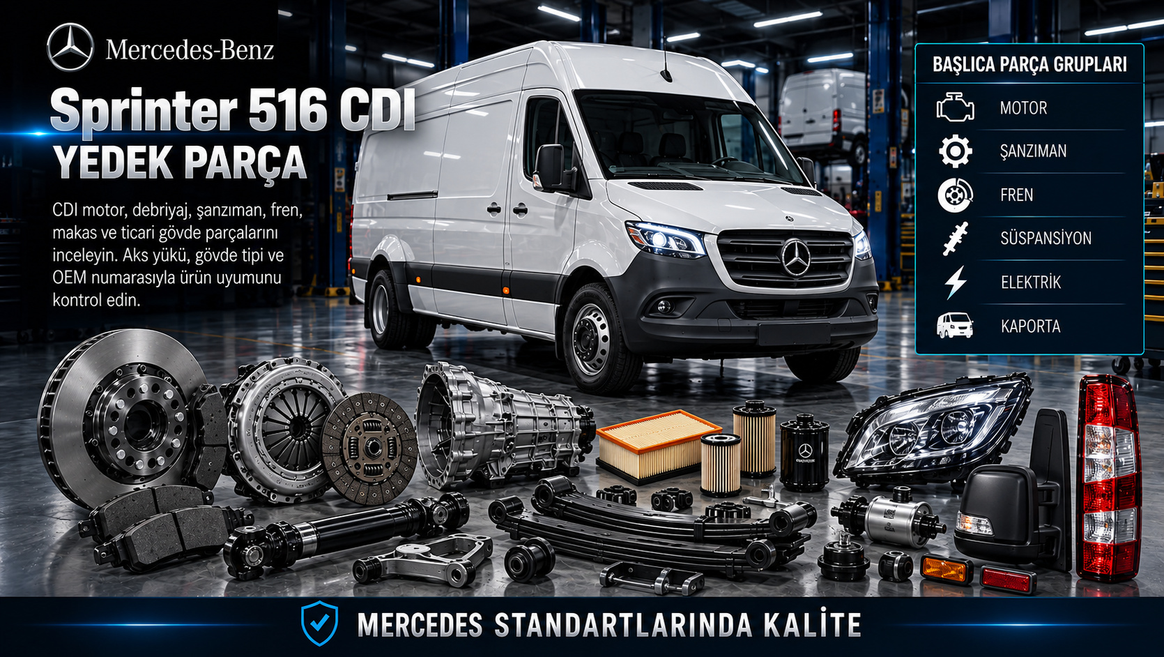 Mercedes Sprinter 516 CDI motor, debriyaj, şanzıman, fren, makas ve gövde parçaları