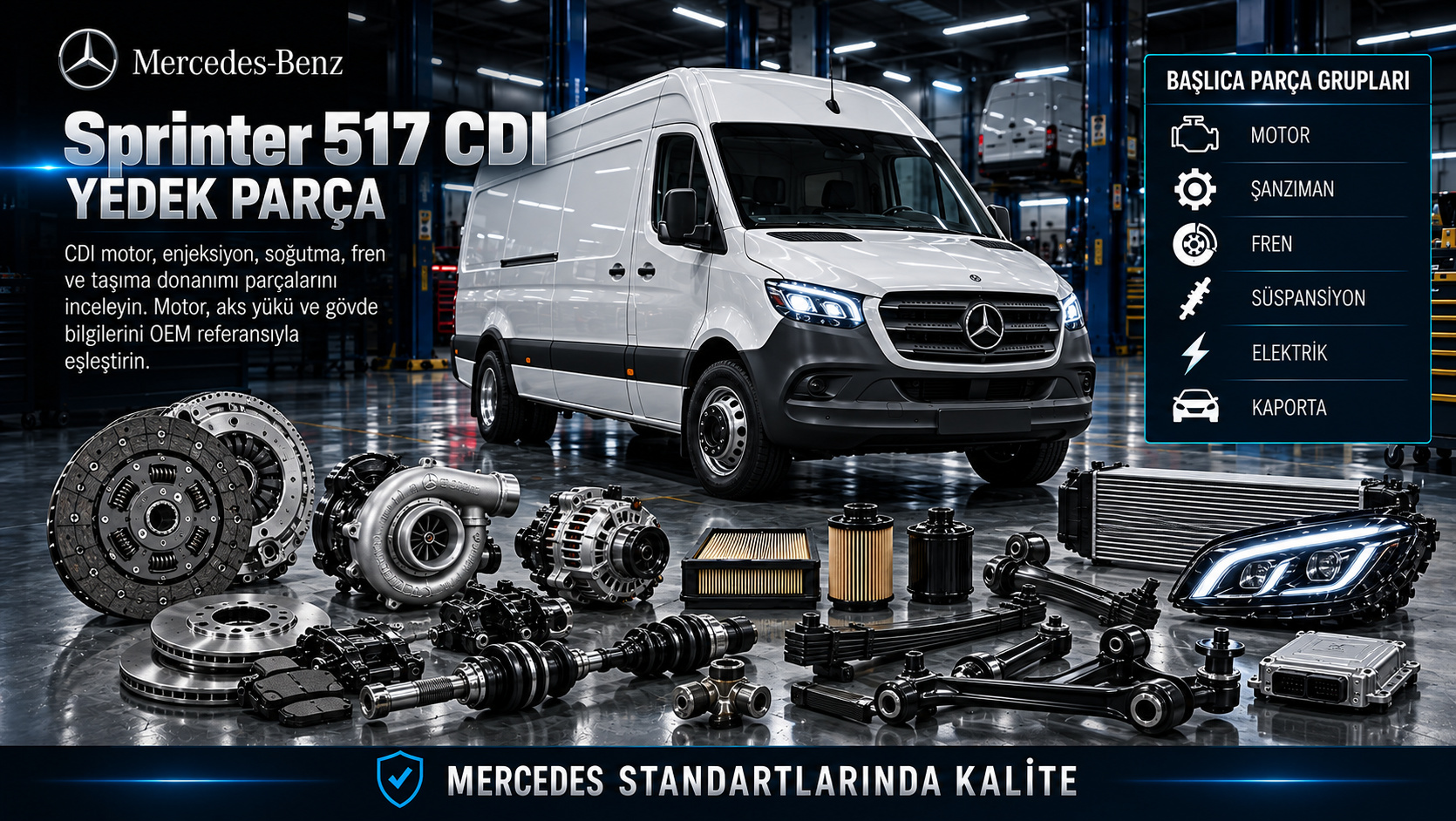 Mercedes Sprinter 517 CDI Yedek Parça: motor, aktarma, fren, süspansiyon ve gövde parçaları