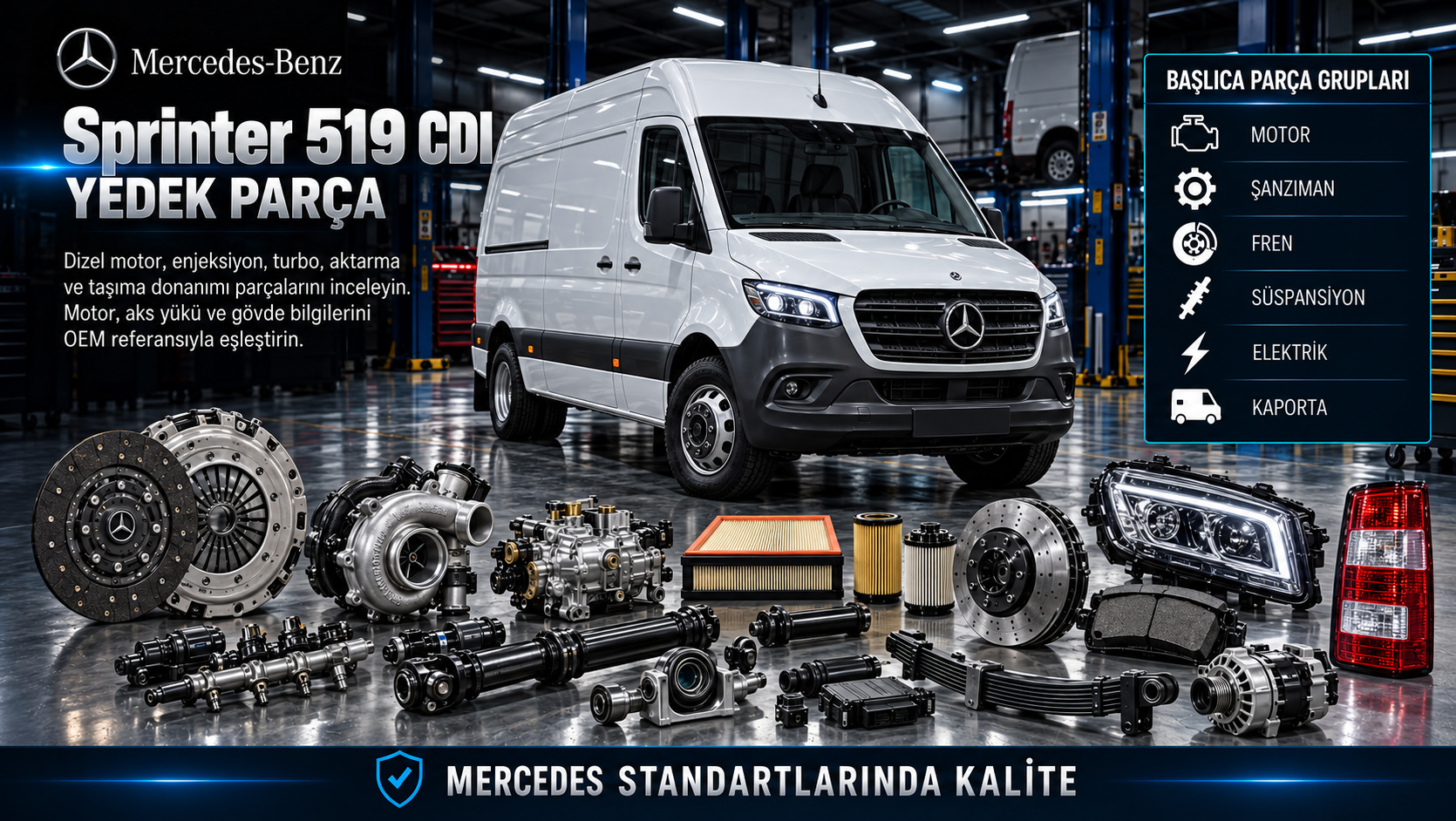 Mercedes Sprinter 519 CDI dizel motor, turbo, aktarma, fren, makas ve gövde parçaları